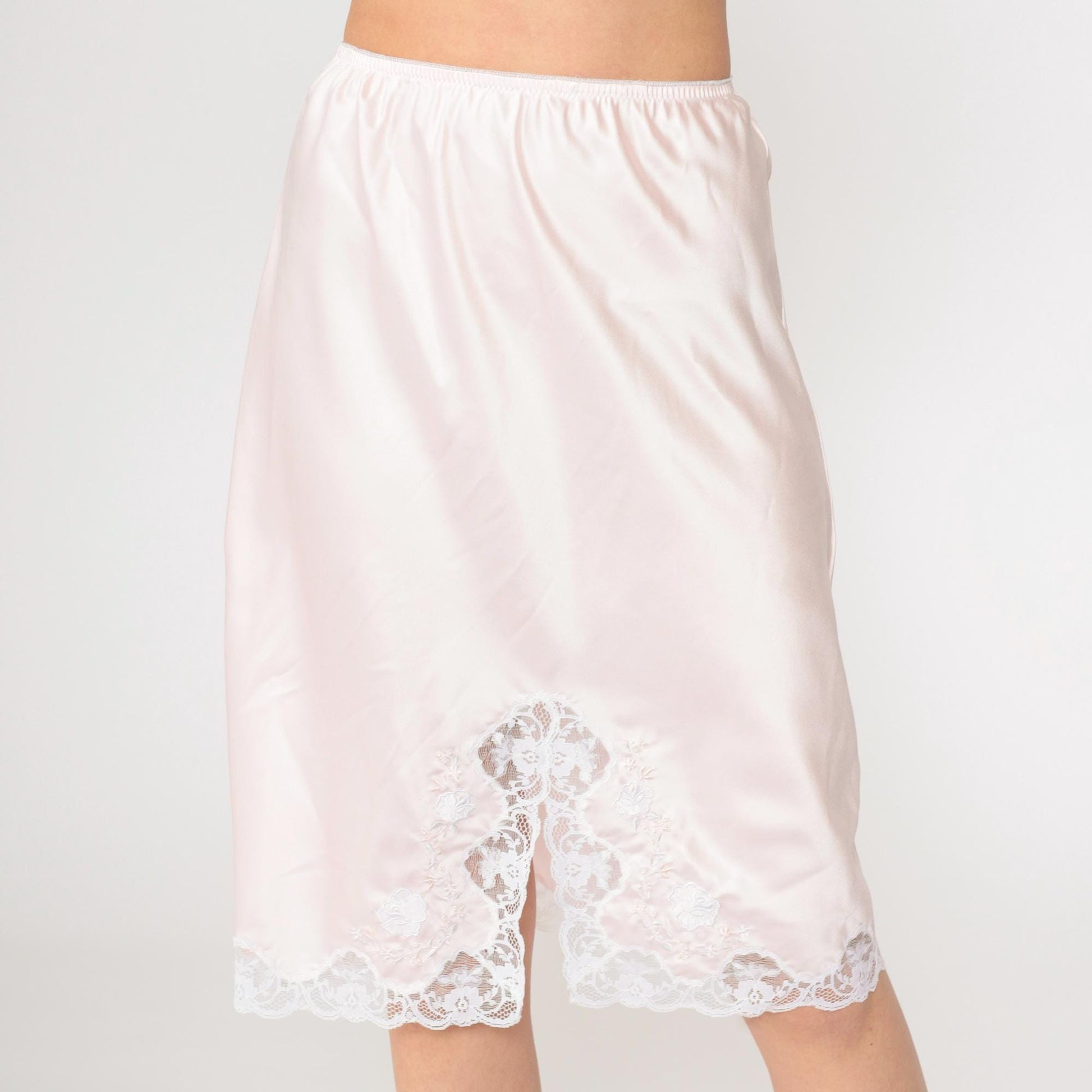 80s Pink Slip Skirt Lace Floral Embroidered Elastic Waist Small