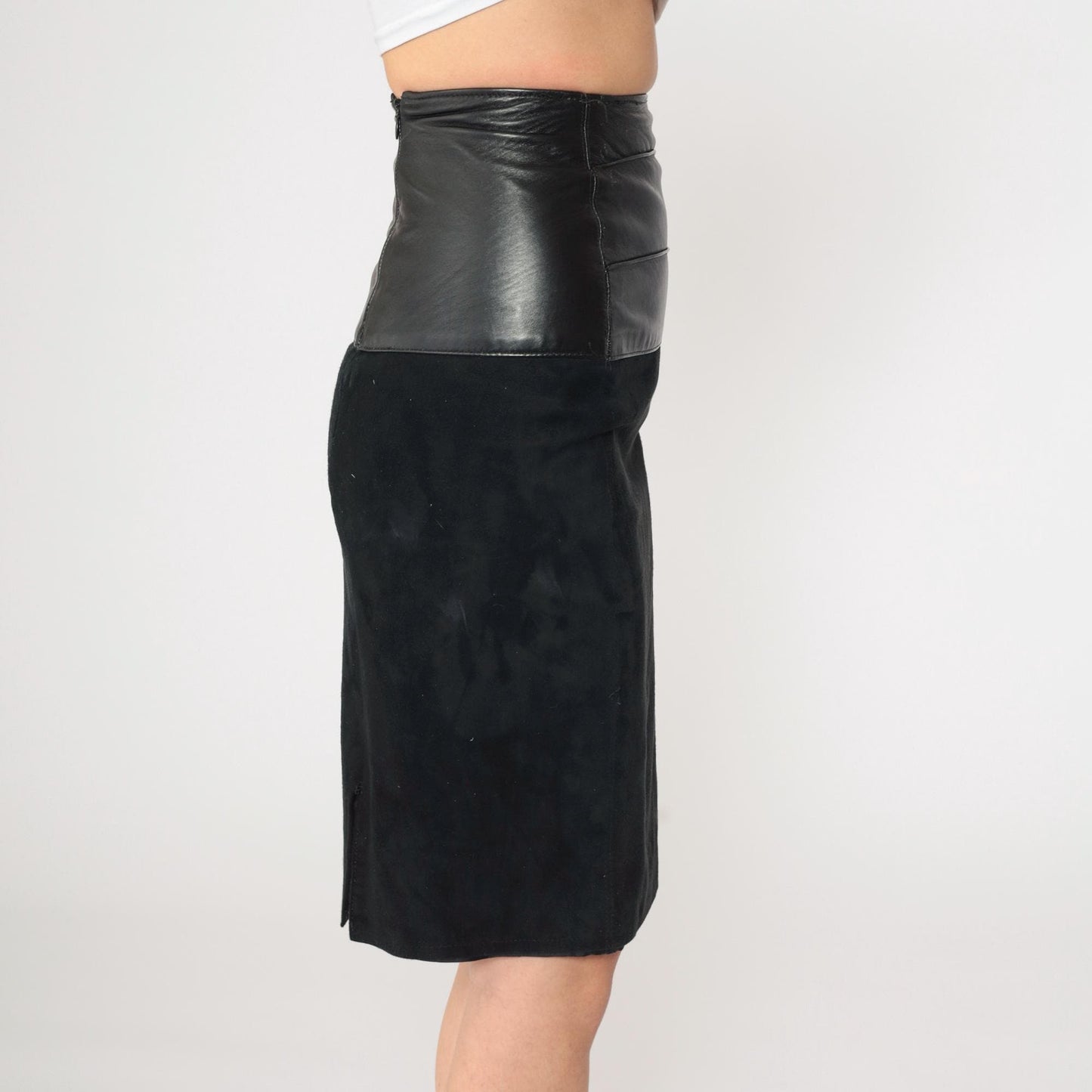 90s Black Leather Suede Mini Pencil Skirt High Rise Rear Zip Extra Small