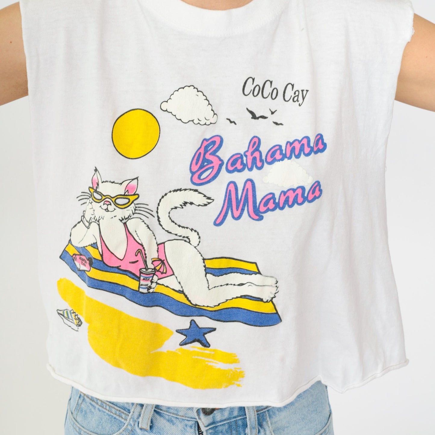 90s Bahama Mama Beach Cat Graphic Tank Top Cutoff Cotton Large L