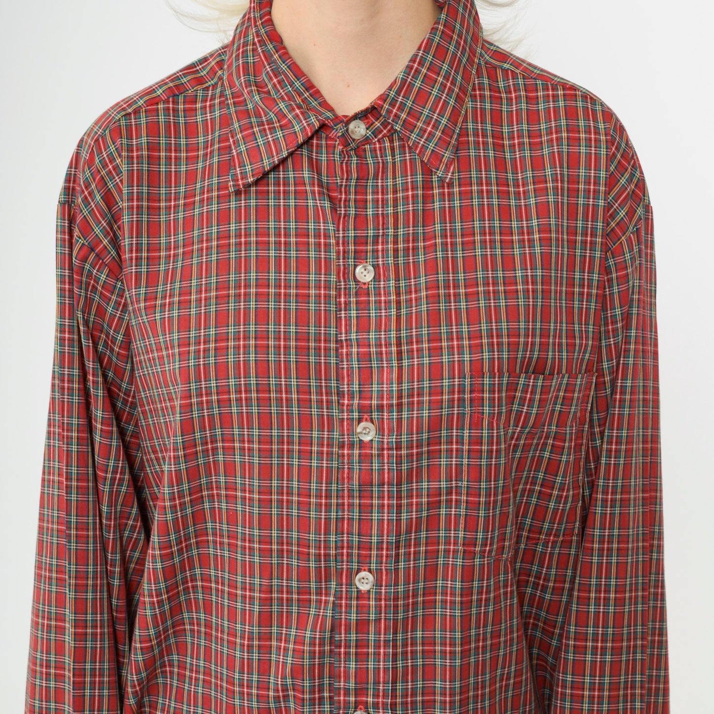 80s Red Plaid Button-Up Shirt Tartan Checkered Long Sleeve Extra Large XL