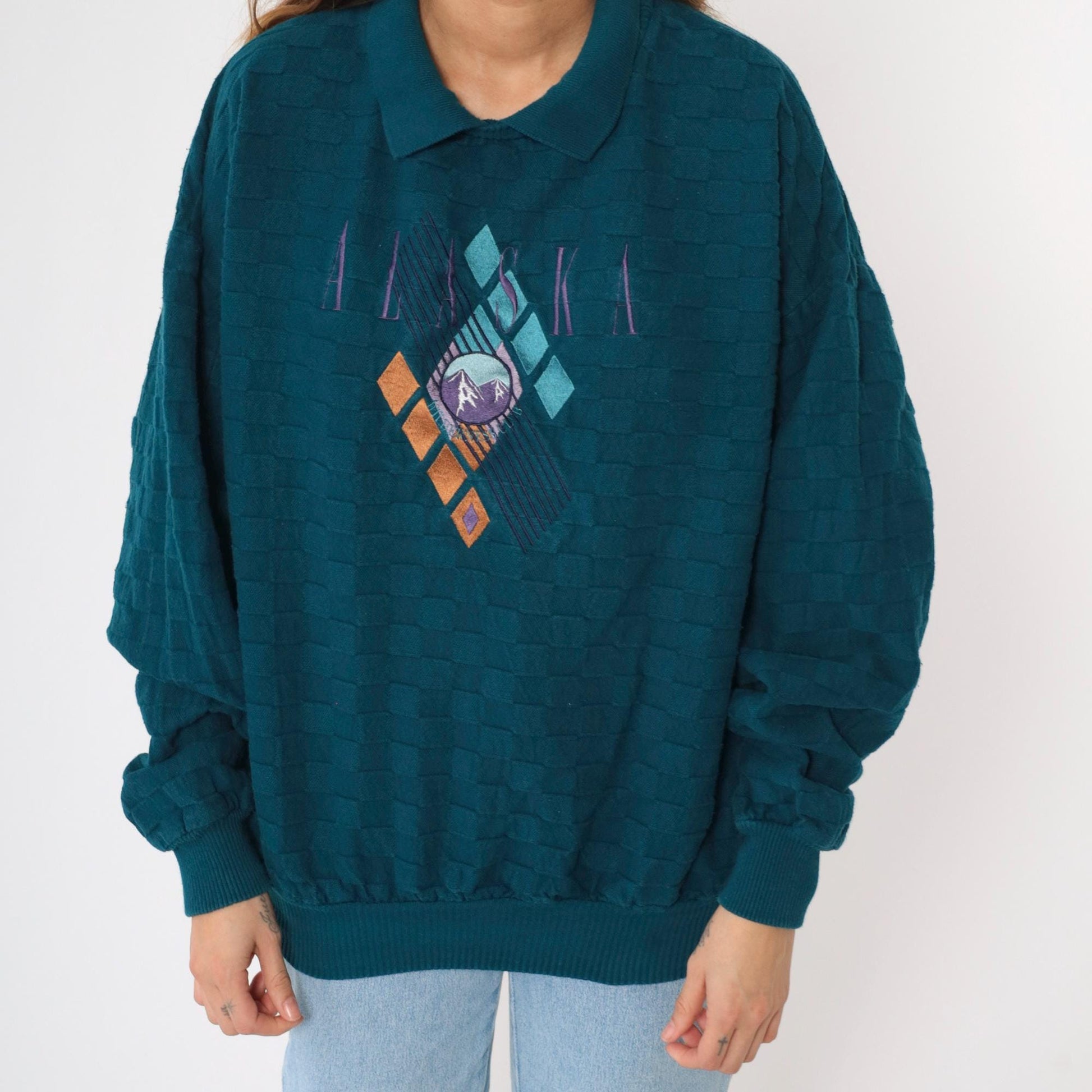 90s Alaska Wilderness Club Teal Sweatshirt Collared Cotton Large L