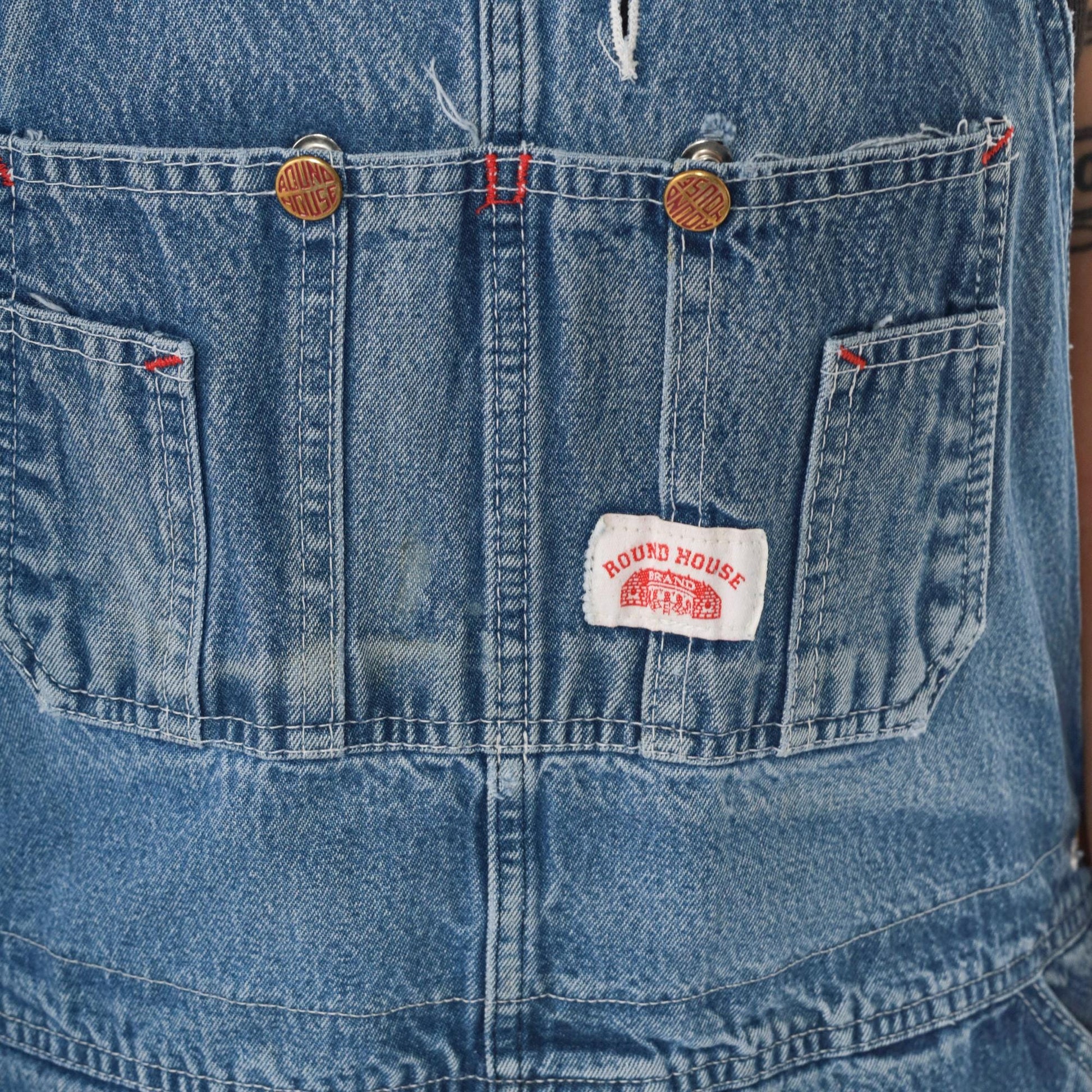 90s Round House Denim Overalls Distressed Blue Workwear Unisex Small