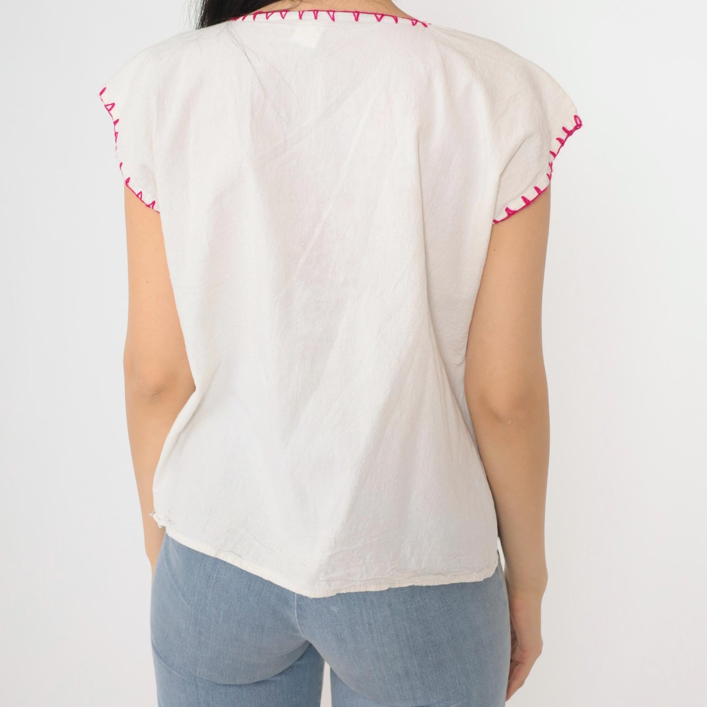 90s Mexican Floral Embroidered Blouse White Cotton Short Sleeve Medium