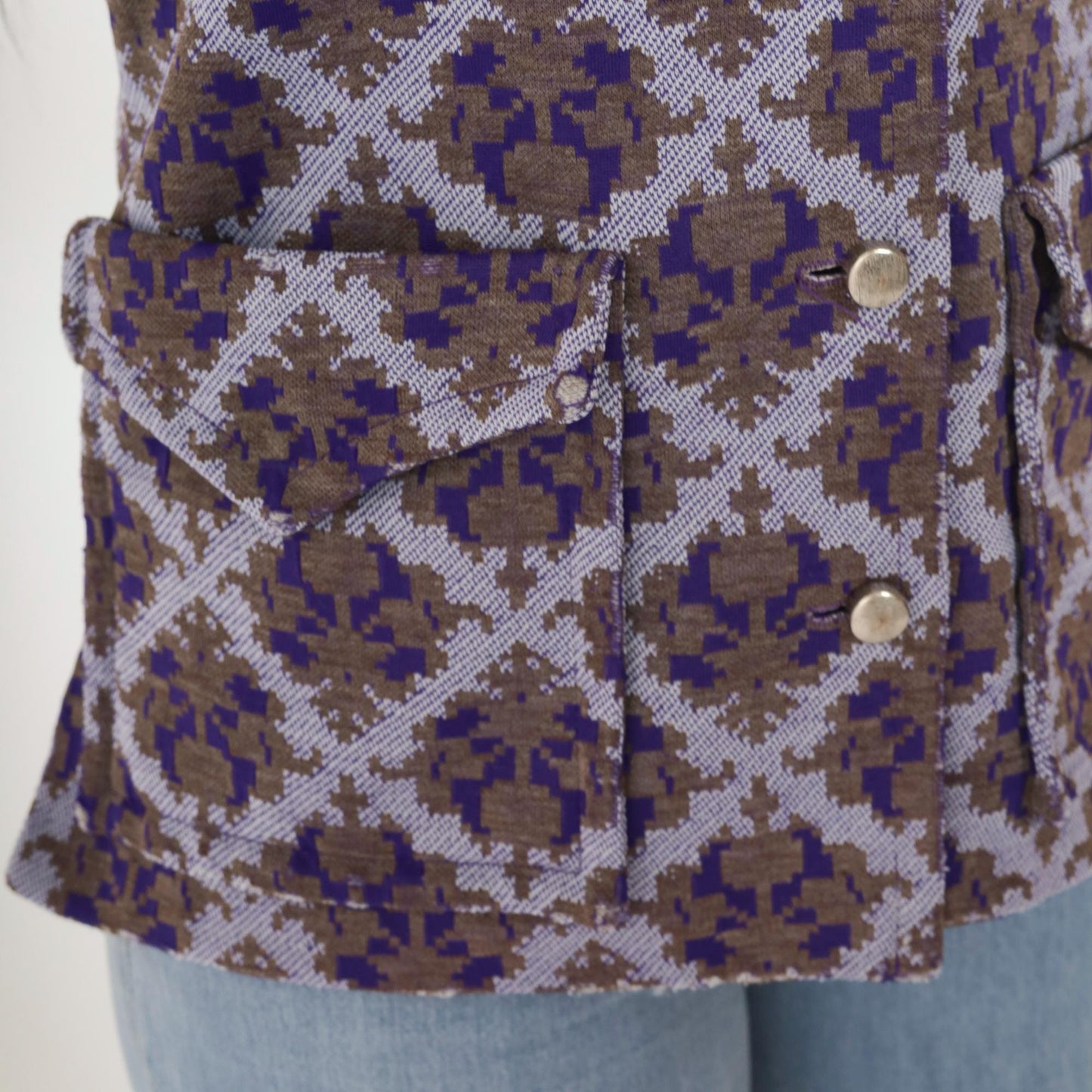 70s Geometric Damask Print Blouse Purple Brown Button Up Long Sleeve Medium M