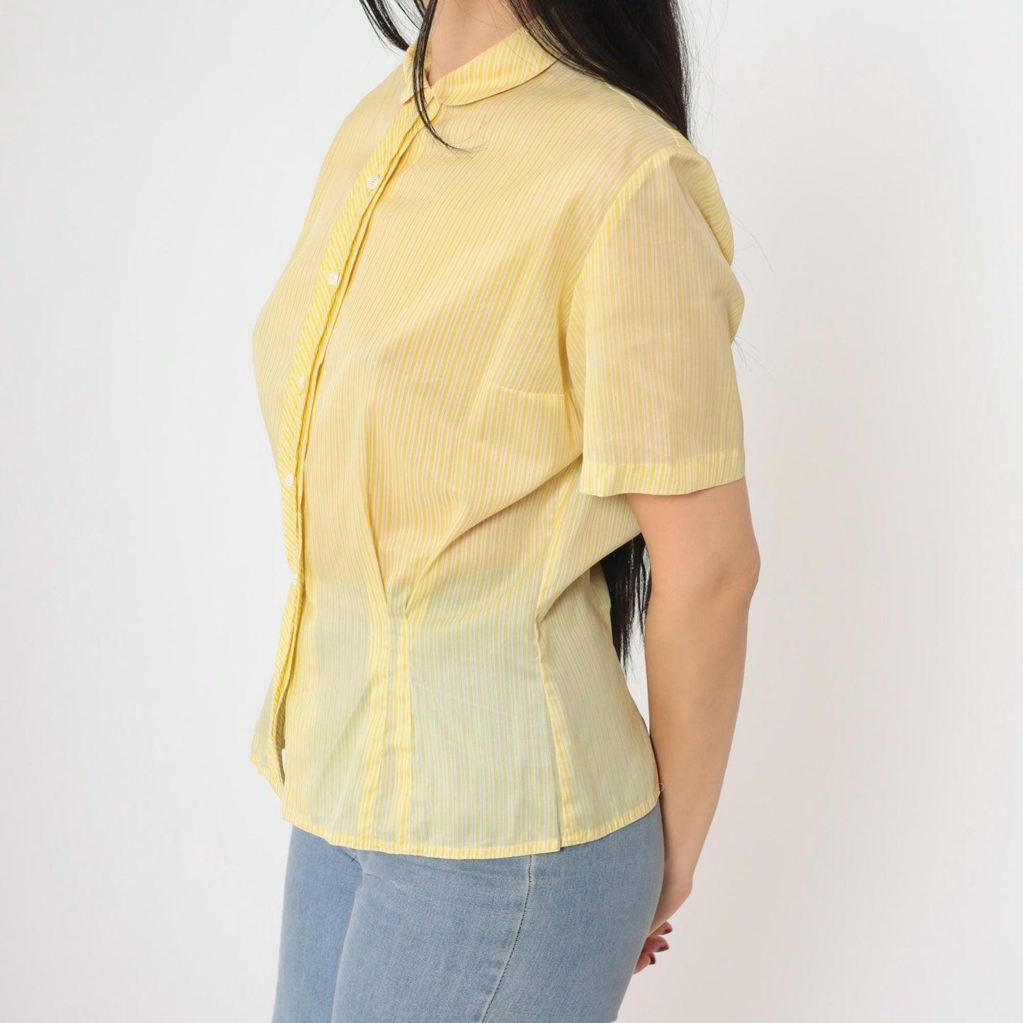 60s Dorothy Korly Sheer Striped Button-Up Blouse Yellow Peter Pan Collar Medium