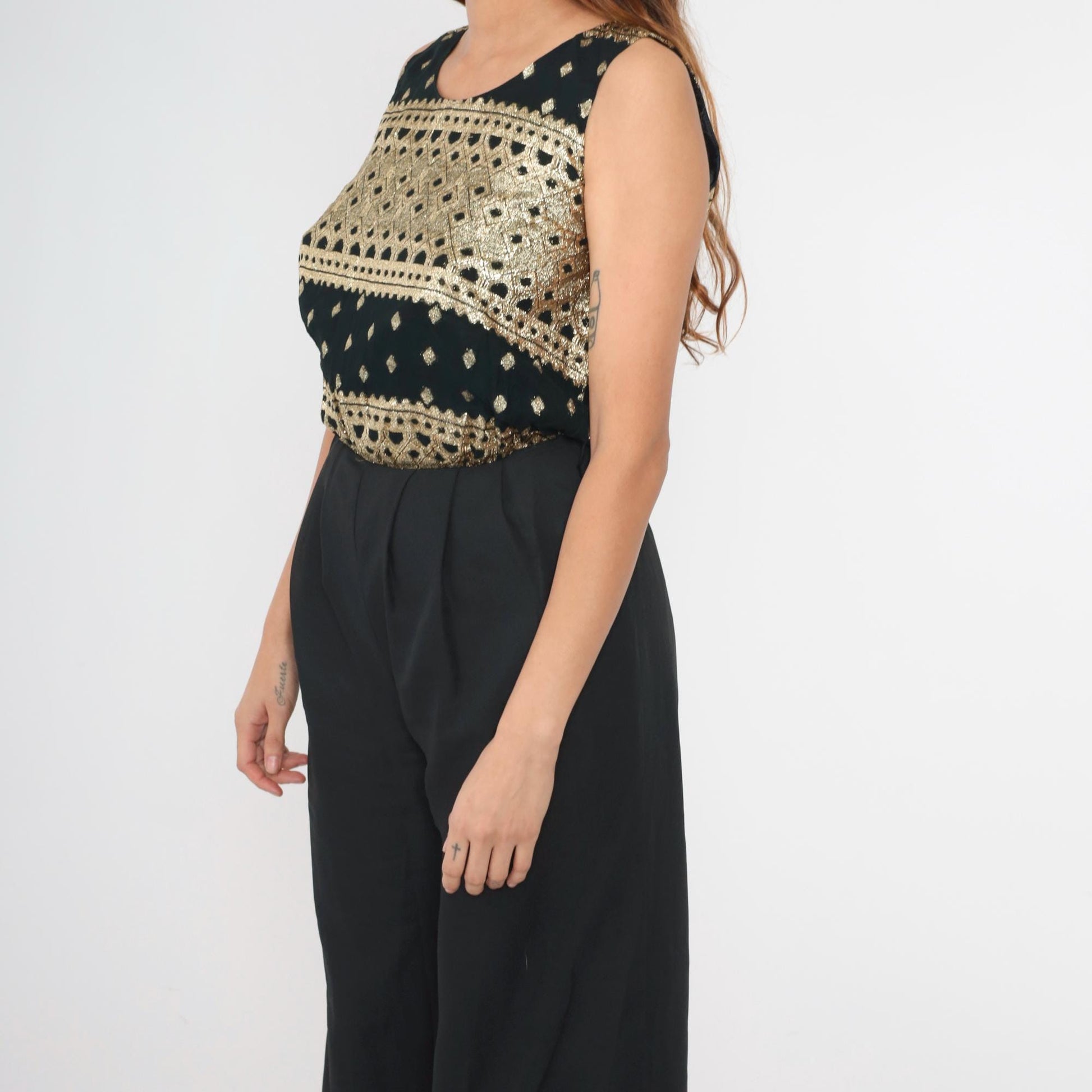 90s Althuser Black Chiffon Jumpsuit Gold Metallic Embroidery Wide Leg Small