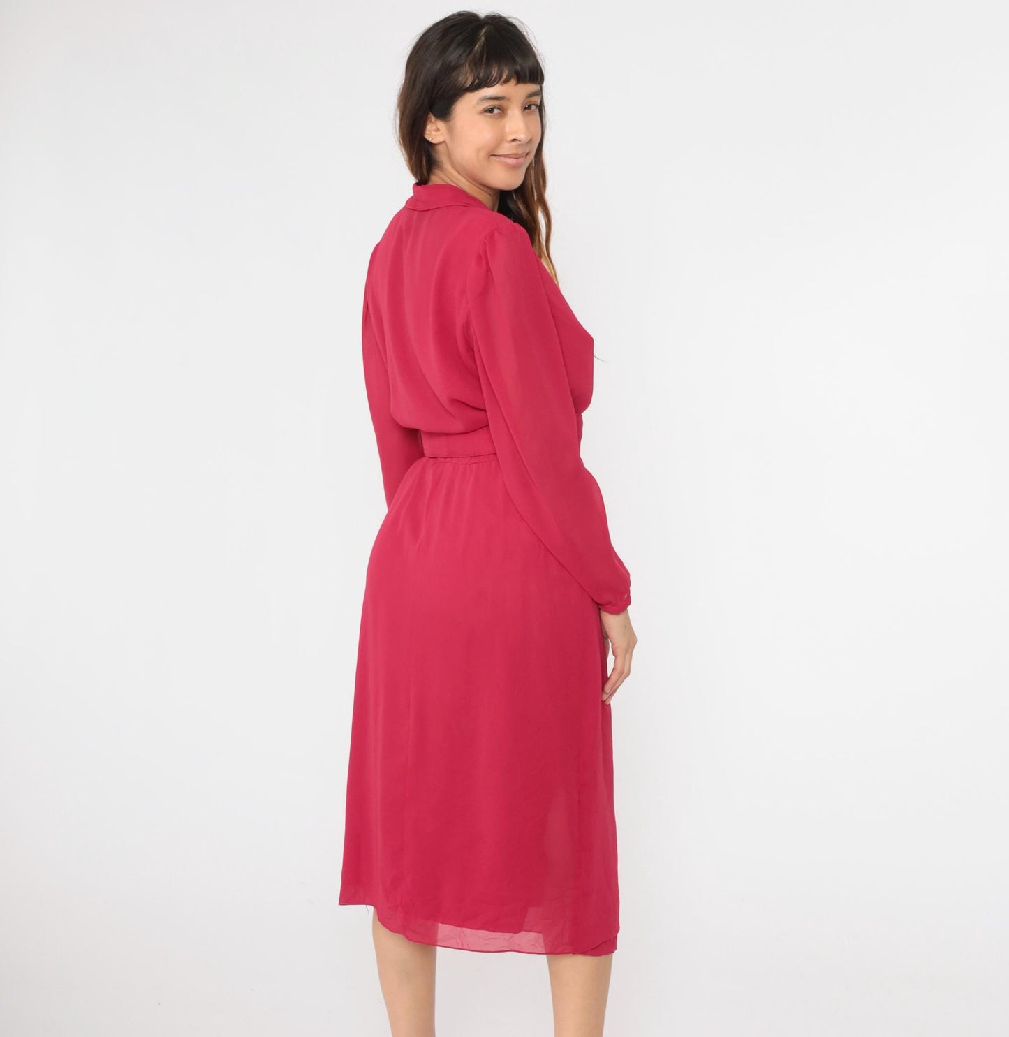 80s Miss Elliette Fuchsia Chiffon Midi Dress Puff Sleeve High Waist Medium