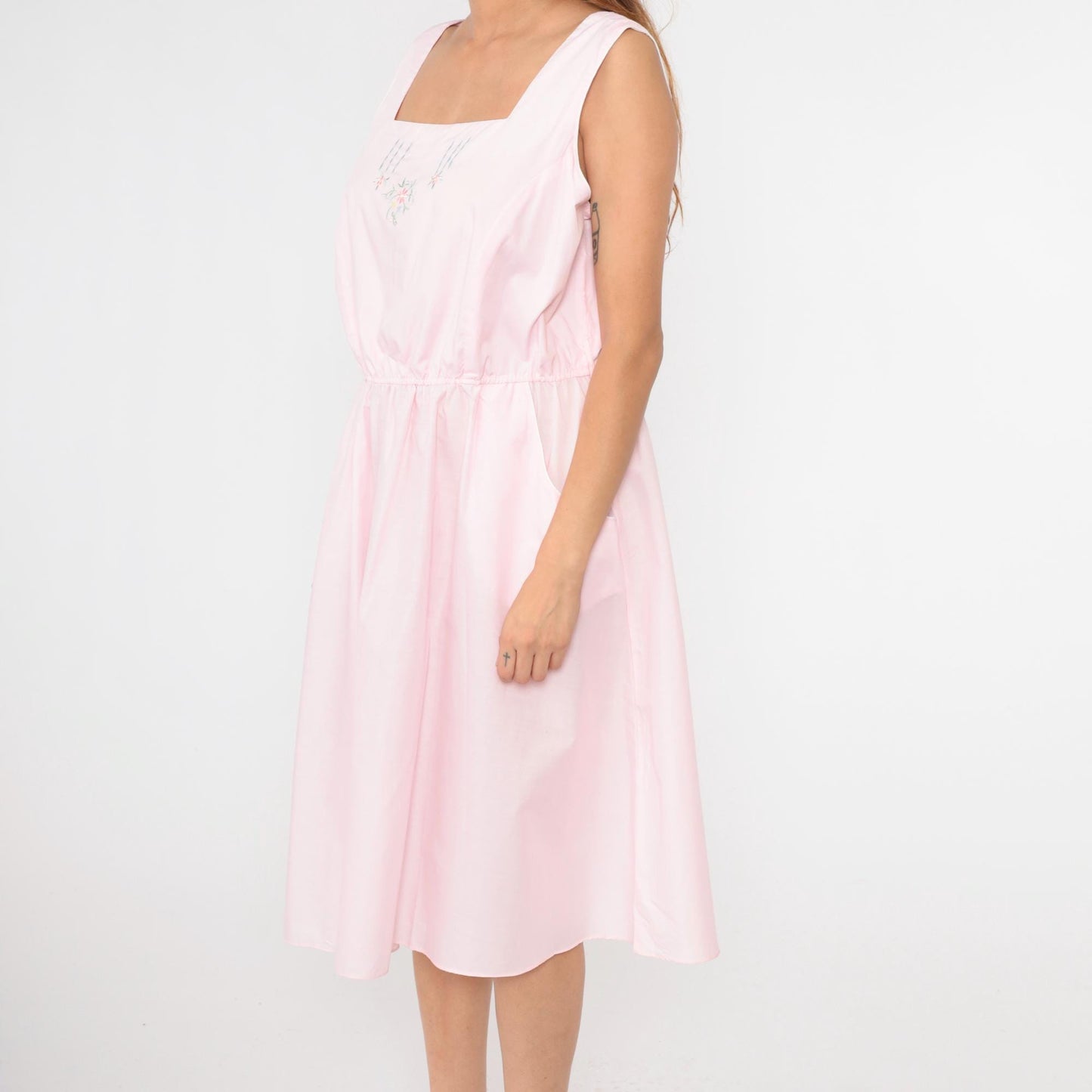 80s Miss Joni of California Baby Pink Floral Midi Dress Cutout Back Extra Large
