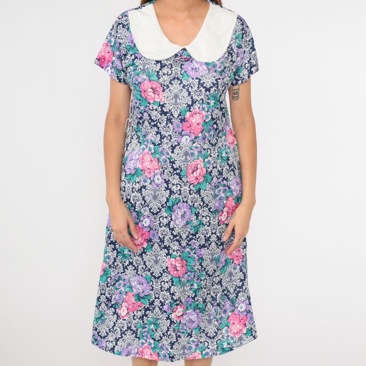 80s Floral Midi Dress Peter Pan Collar High Waisted Pockets Blue Pink Purple Large