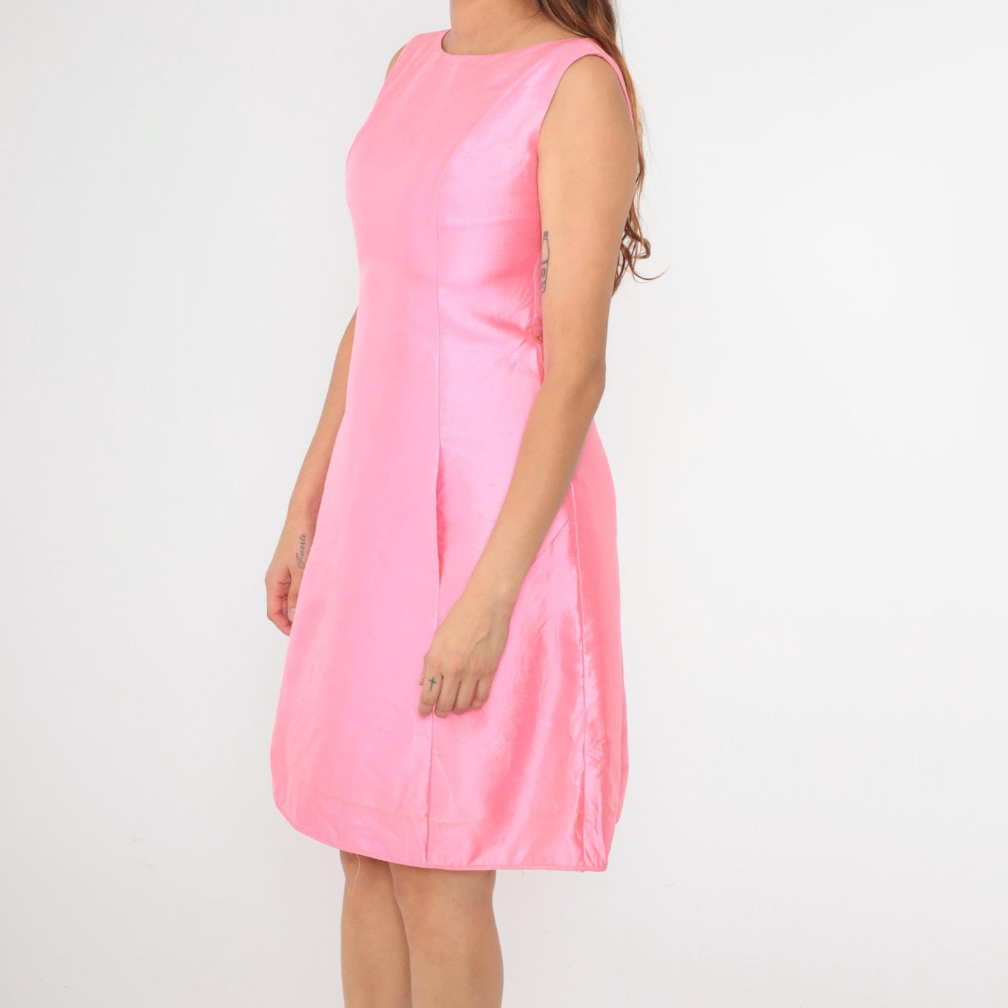 60s Gino Charles Pink Shantung Mini Dress Boat Neck Shift Small