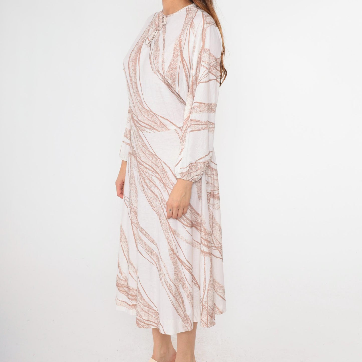 70s Bleeker Street Midi Dress Dolman Sleeve Keyhole Bow Neck White Brown Stripe Small Medium