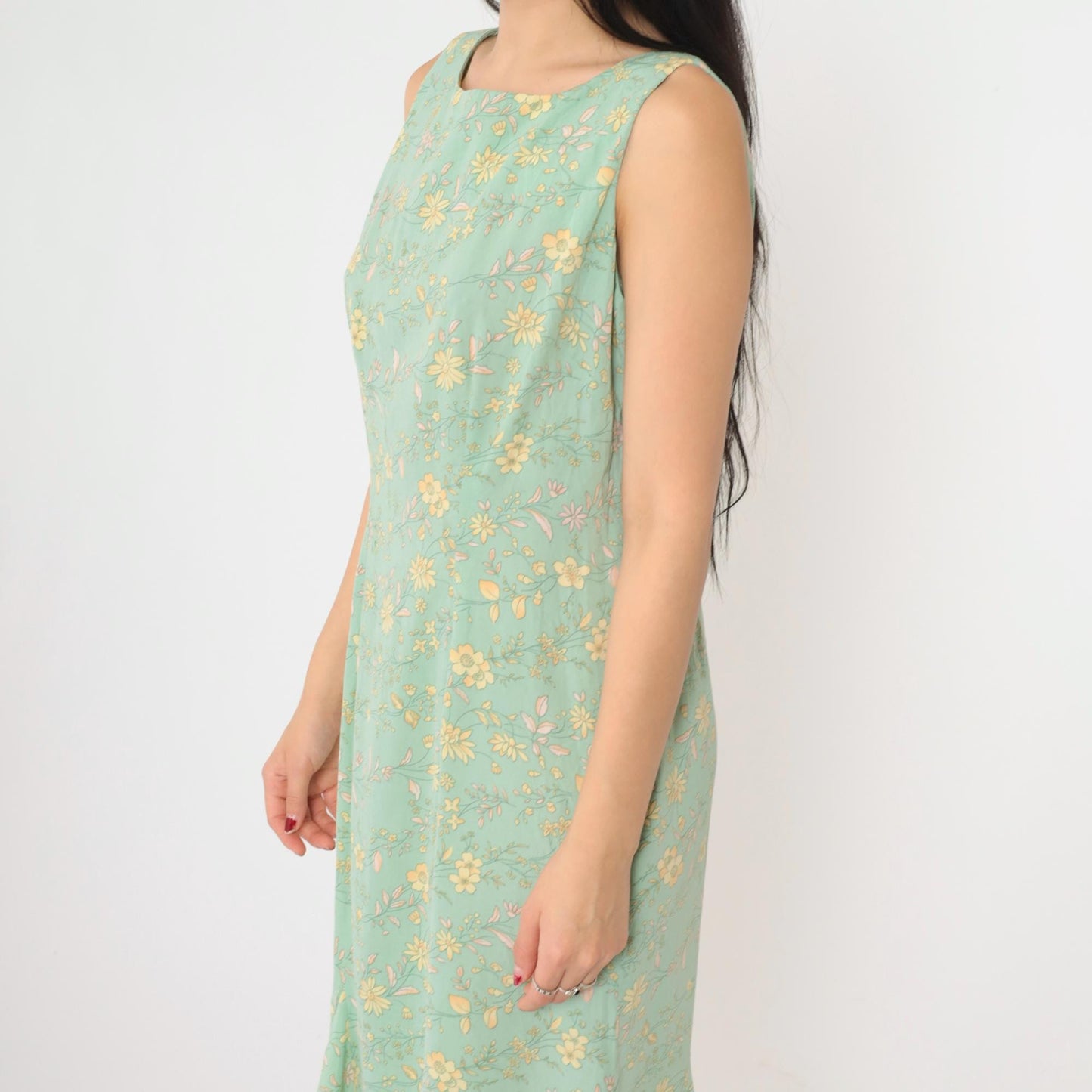 90s R&K Originals Floral Midi Dress Green Yellow Pink Sleeveless Medium