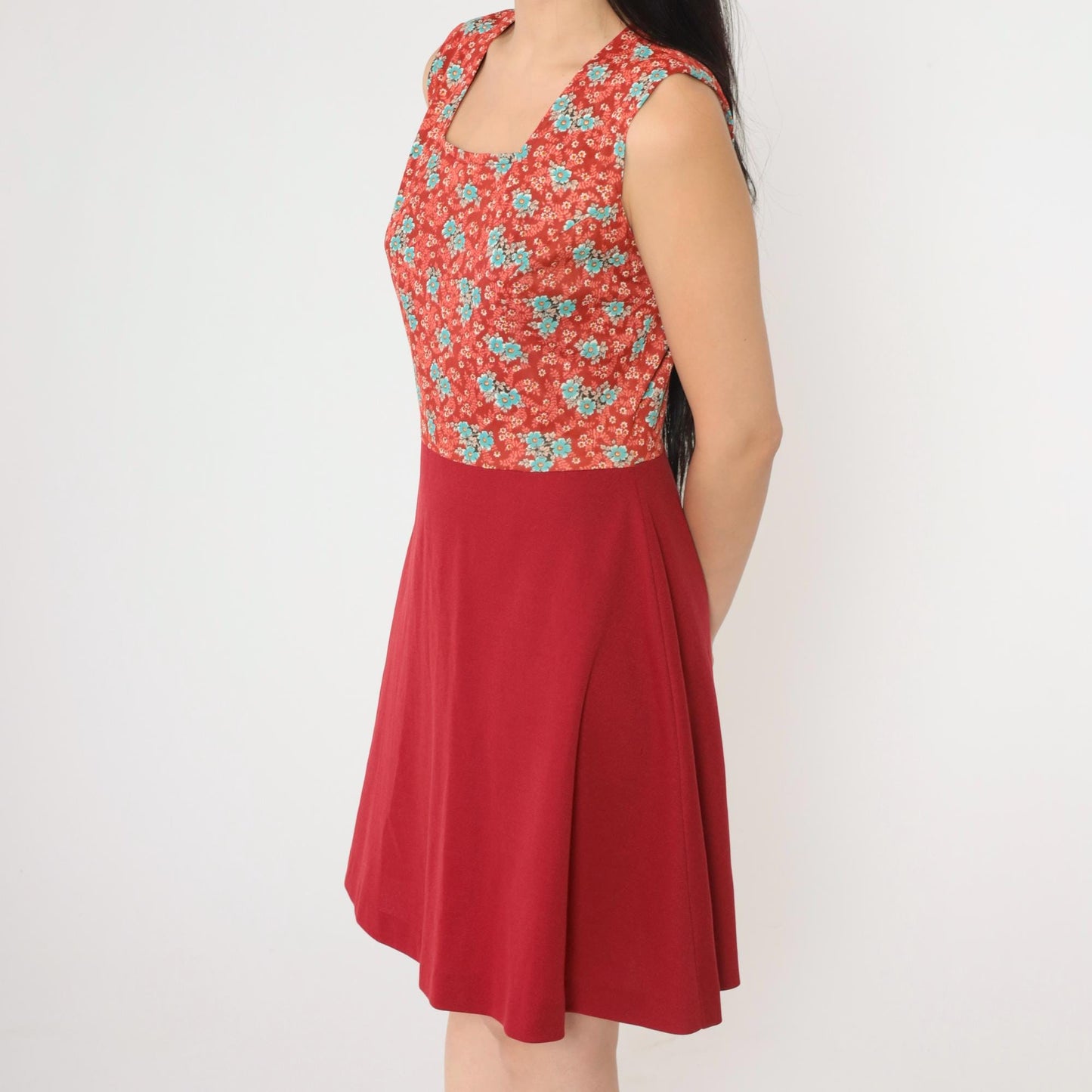 1960s Red Floral Mini Dress Sleeveless High Waist Fit Flare Small