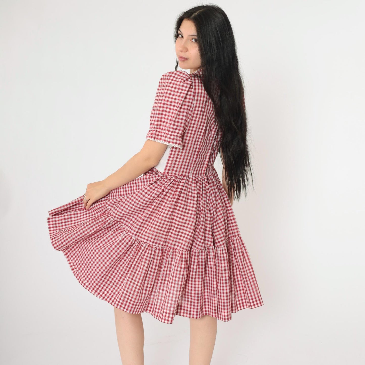 70s Red Gingham Prairie Dress Puff Sleeve Eyelet Lace High Waist Small Medium