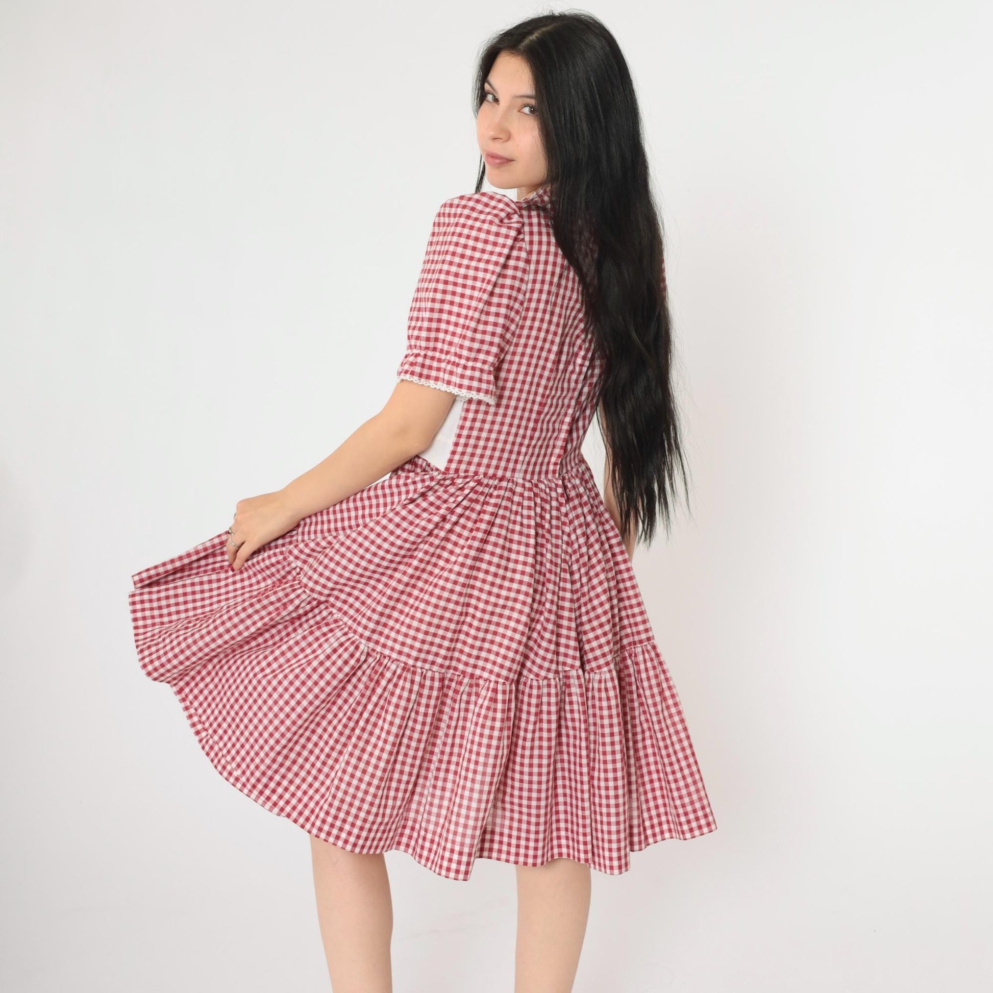 70s Red Gingham Prairie Dress Puff Sleeve Eyelet Lace High Waist Small Medium