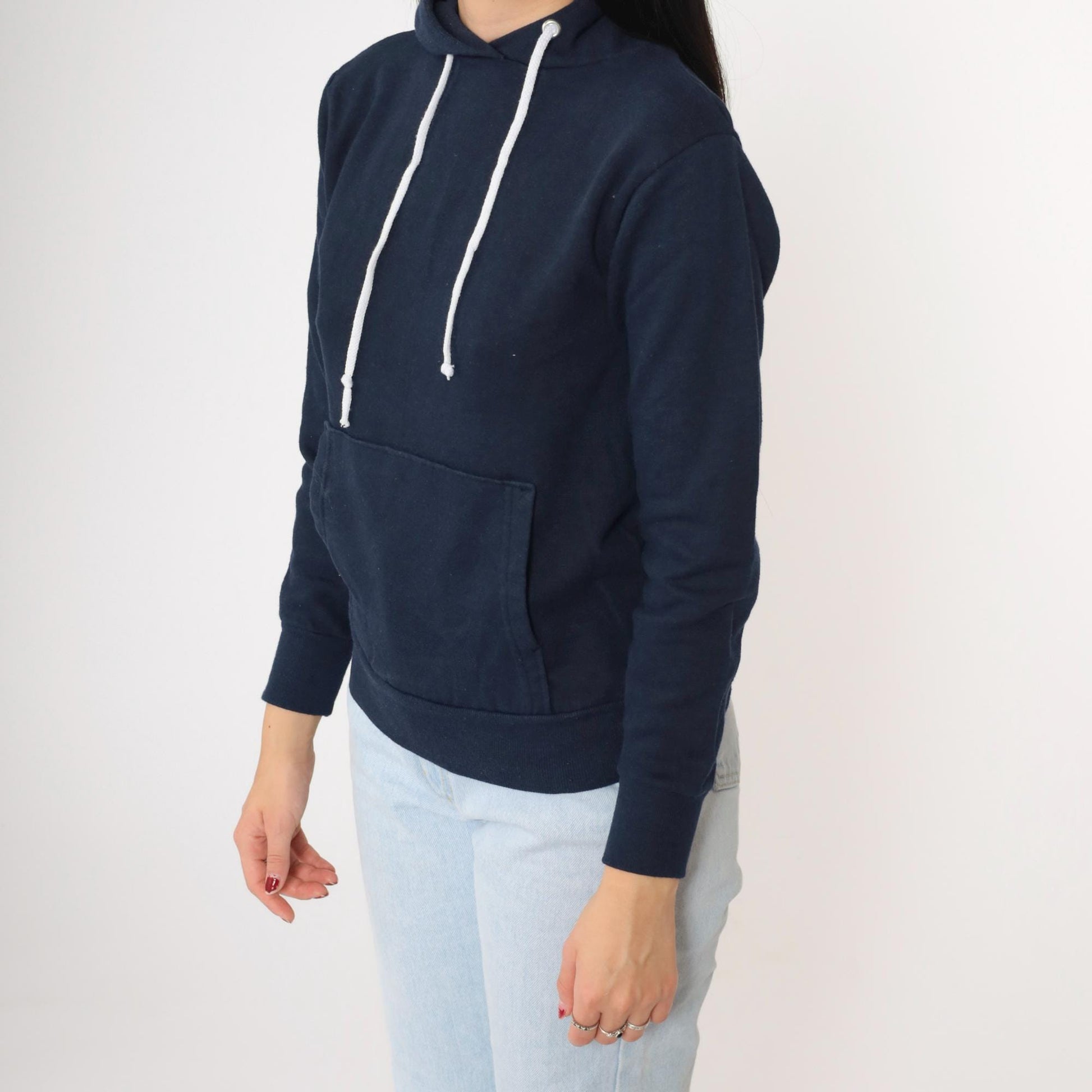 80s Navy Hoodie Sweatshirt Kangaroo Pocket Drawstring Extra Small