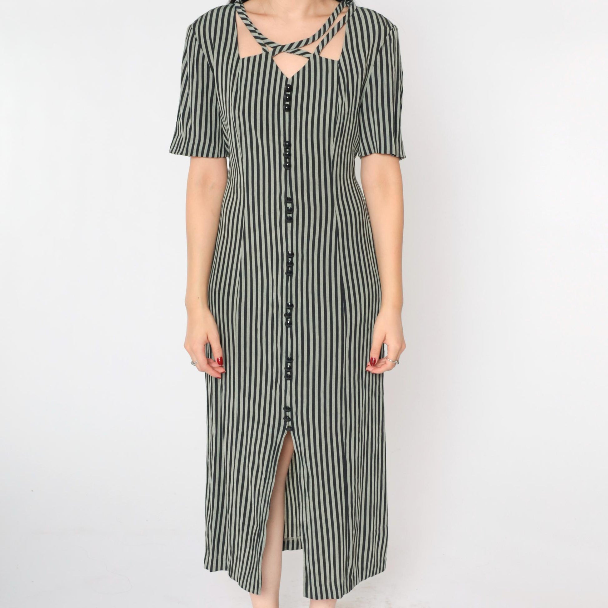 90s Kathie Lee Striped Cage Neck Midi Dress Black Grey Button Up Medium 8