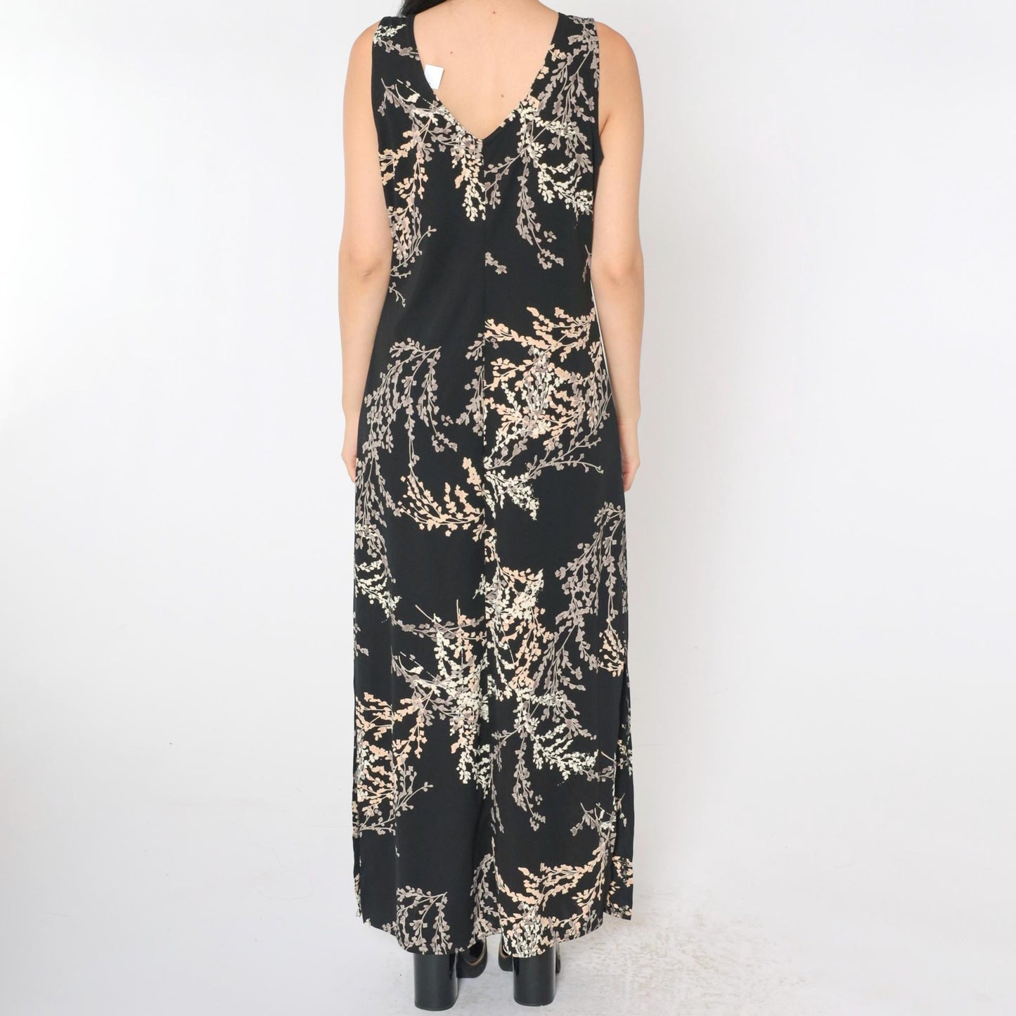 90s Black Floral Maxi Dress Sleeveless V-Neck Side Slit Medium