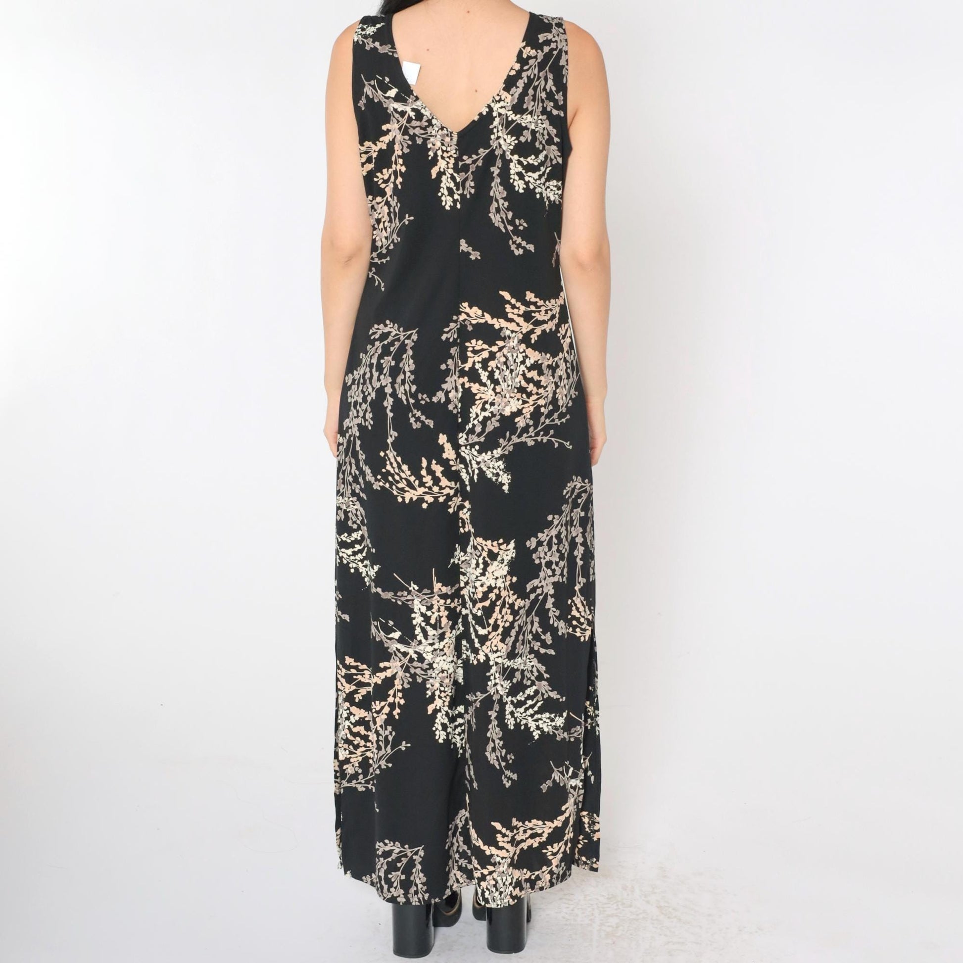 90s Black Floral Maxi Dress Sleeveless V-Neck Side Slit Medium