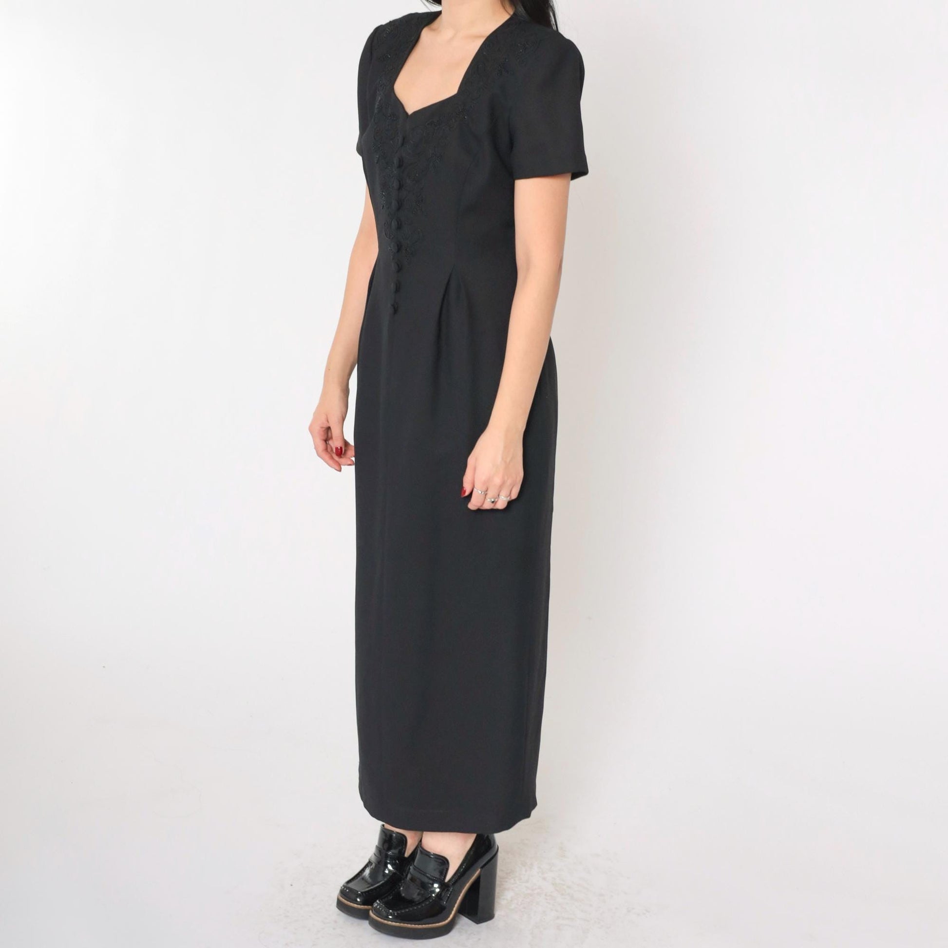 90s Black Soutache Beaded Maxi Dress Button Front Short Sleeve Medium