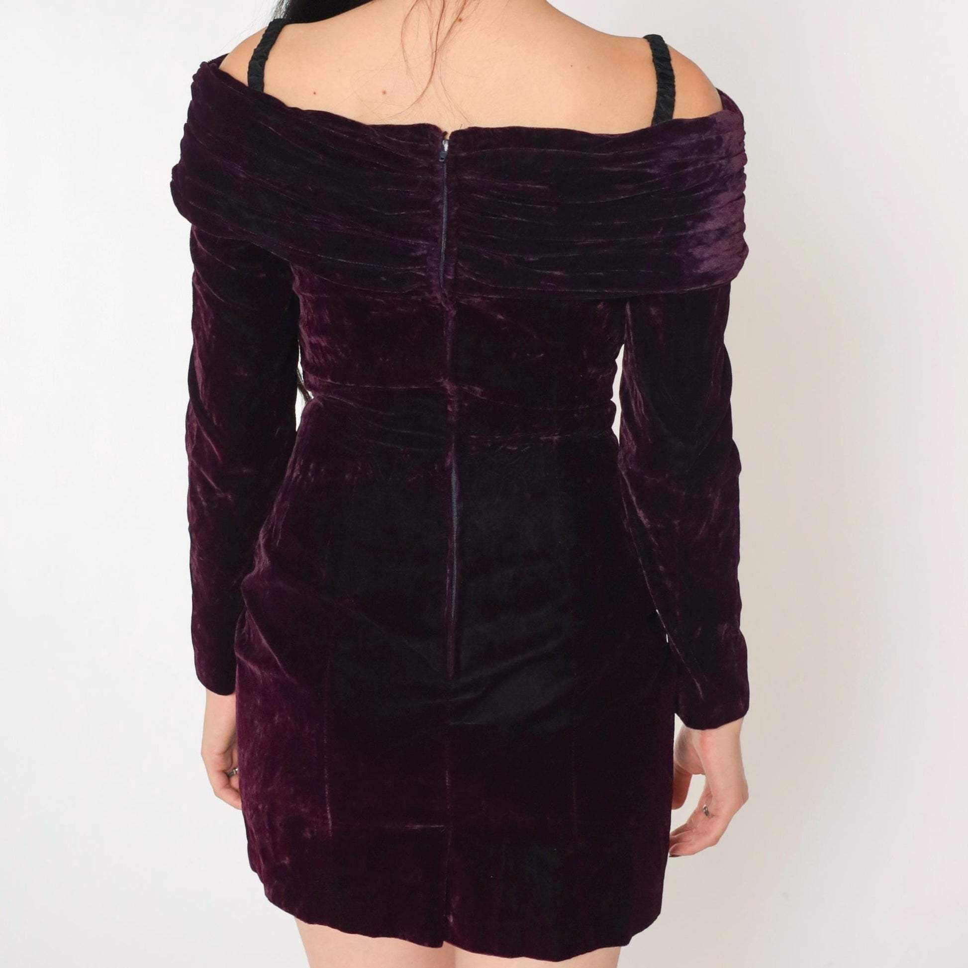 90s Rampage Velvet Mini Dress Off-Shoulder Spaghetti Strap Deep Purple Extra Small