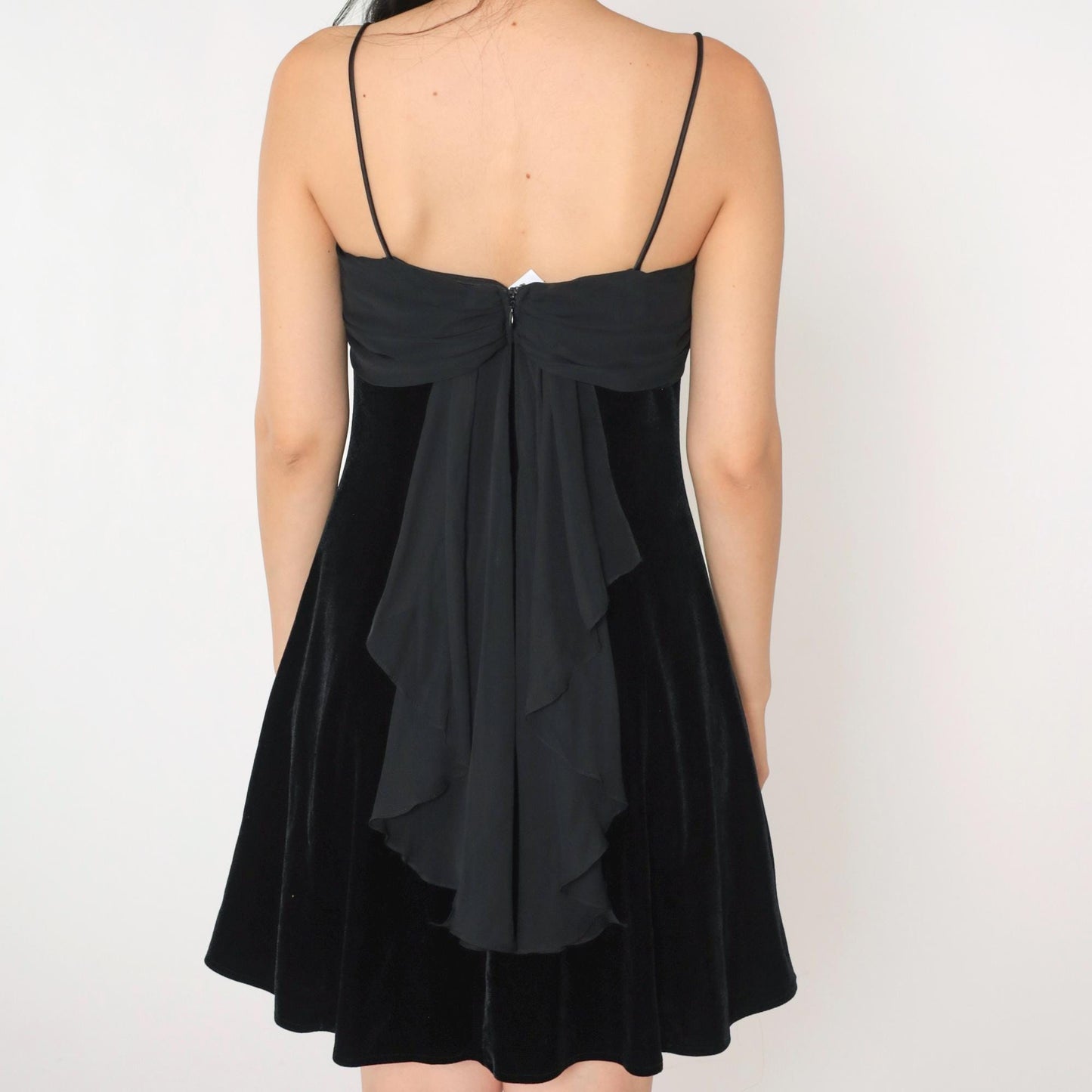 90s Black Velvet Chiffon Mini Dress Spaghetti Strap Train Medium 8