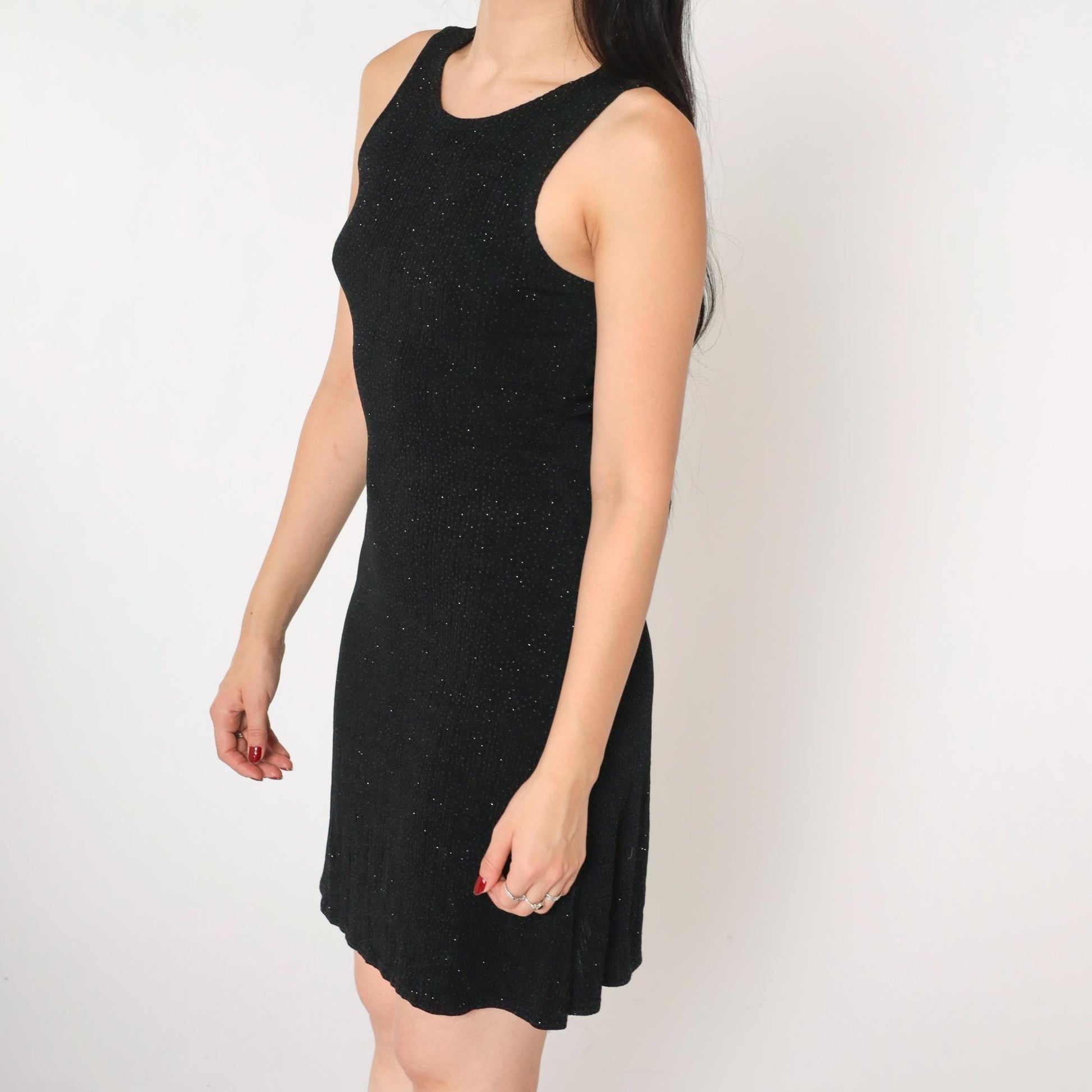 90s Black Metallic Sparkle Mini Bodycon Dress Sleeveless Small