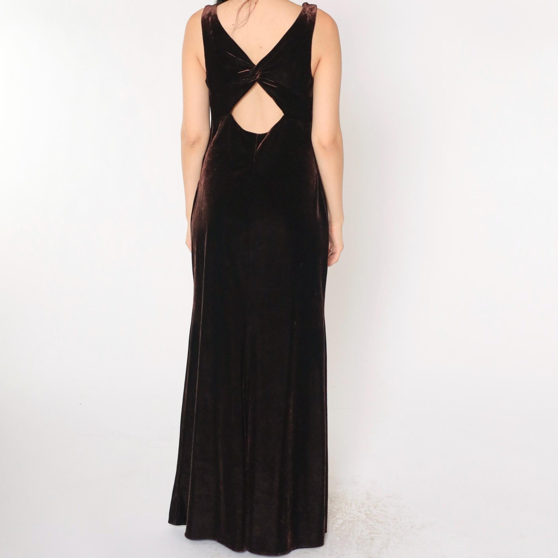 90s Niki Livas Brown Velvet Maxi Dress Keyhole Back Sleeveless Medium