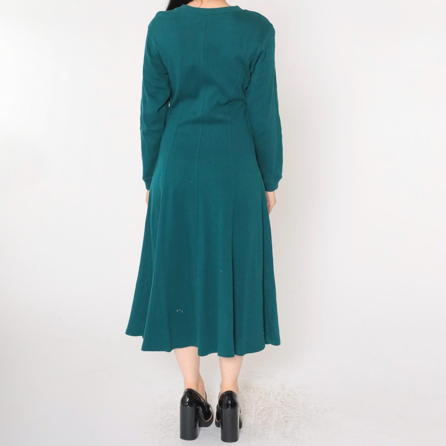 90s Teal A-Line Midi Dress Long Sleeve Princess Seam Cotton Small