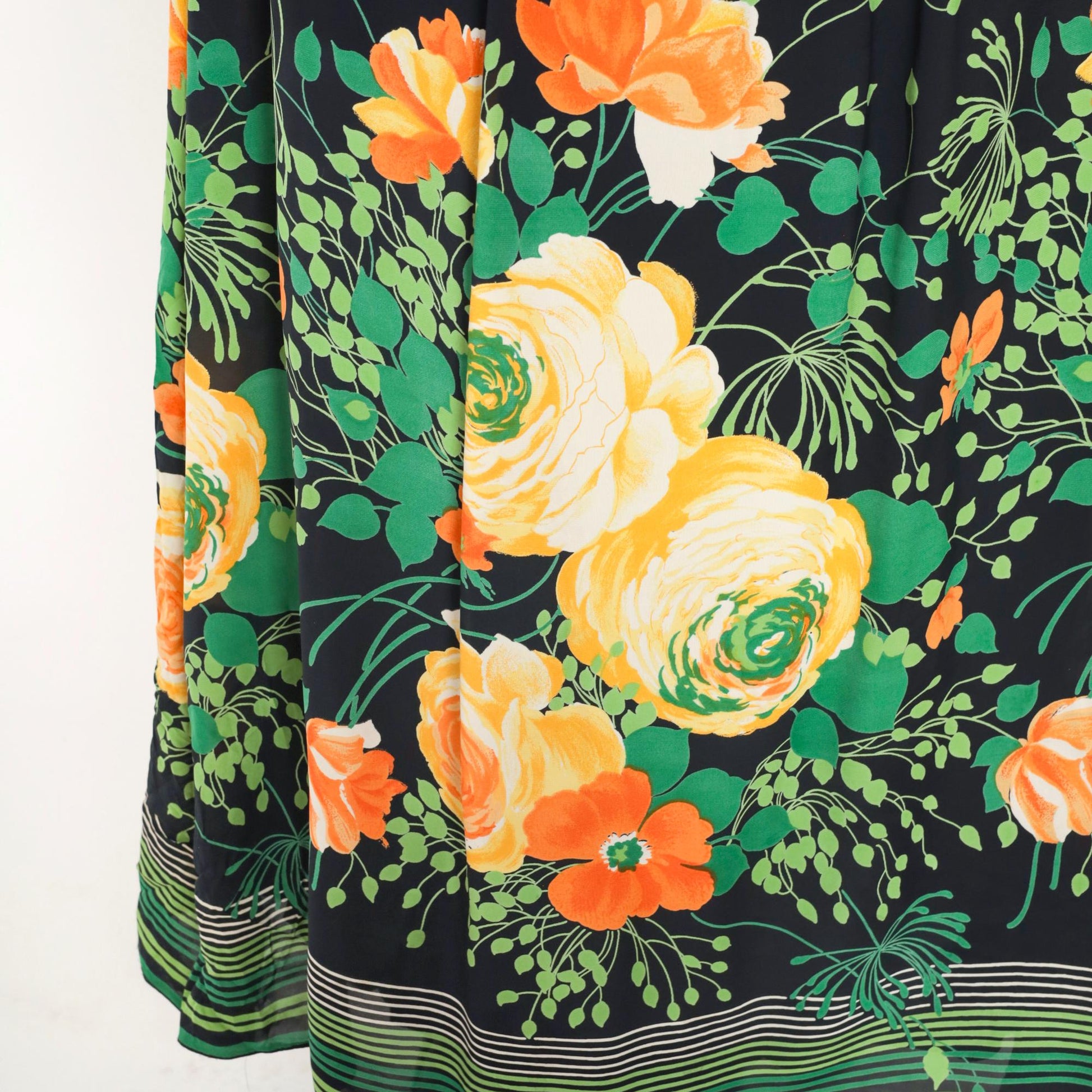70s Vera Mont Paris Black Floral Maxi Dress V-Neck High Waist Small