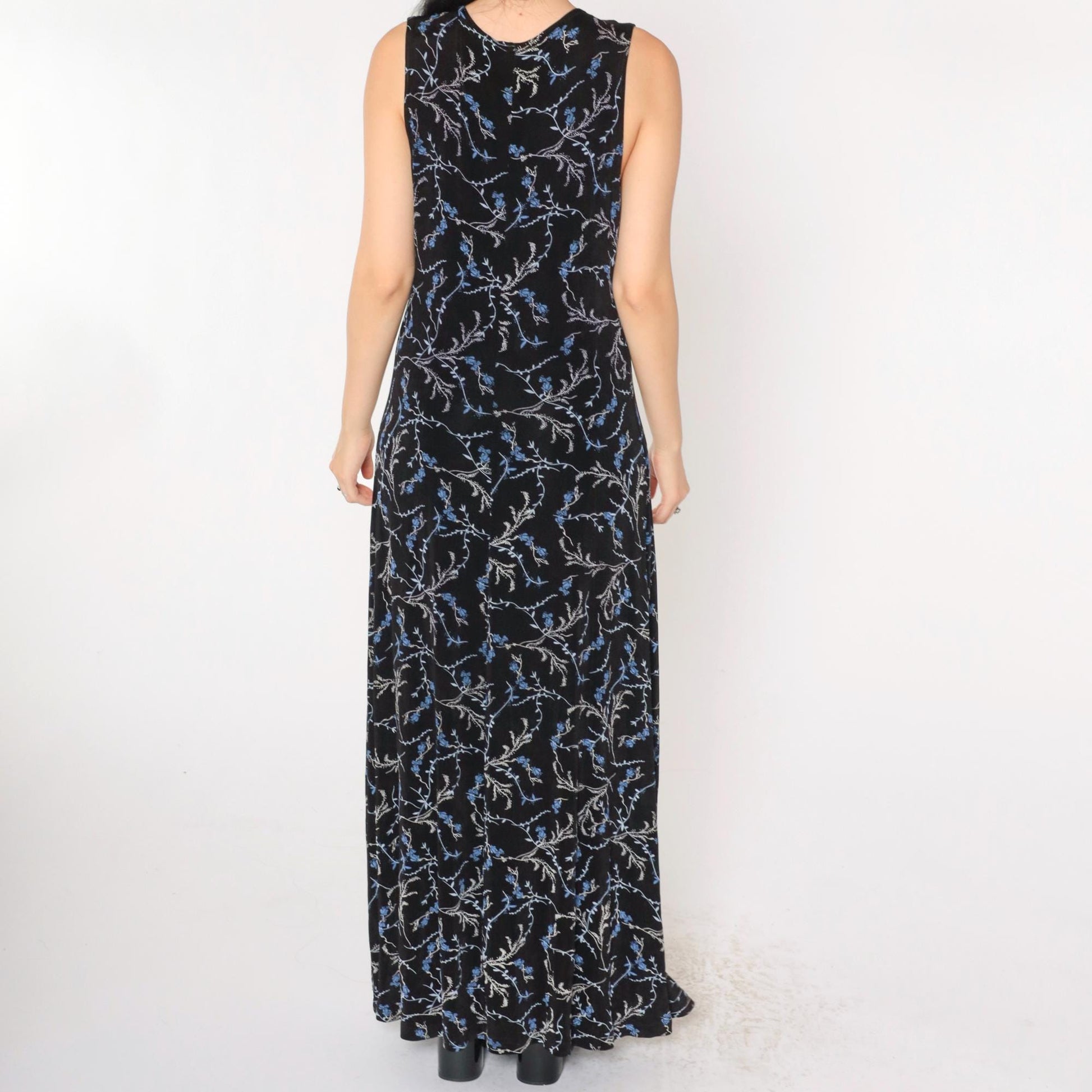 90s Black Floral Maxi Dress Blue Print Scoop Neck Sleeveless Medium 8