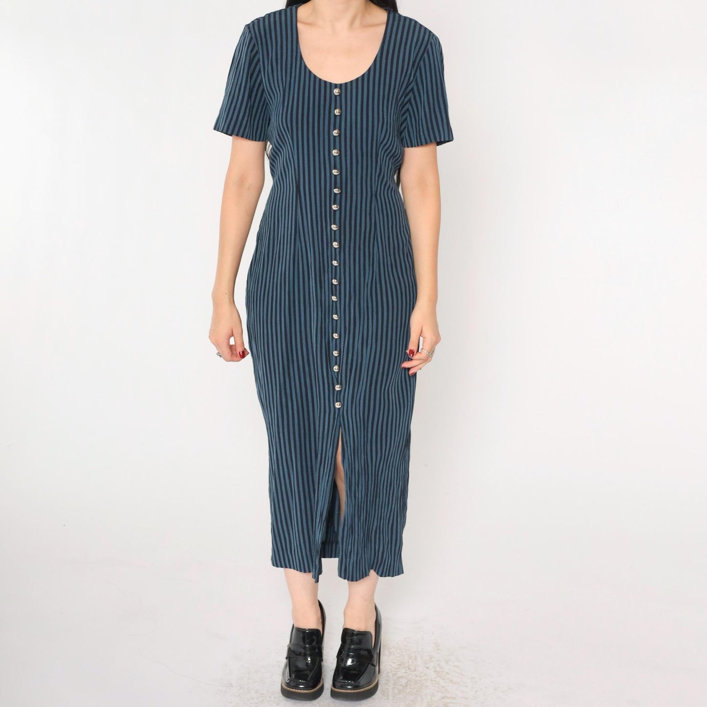 90s DJ Intl Striped Sheath Midi Dress Black Blue Button-Up Medium