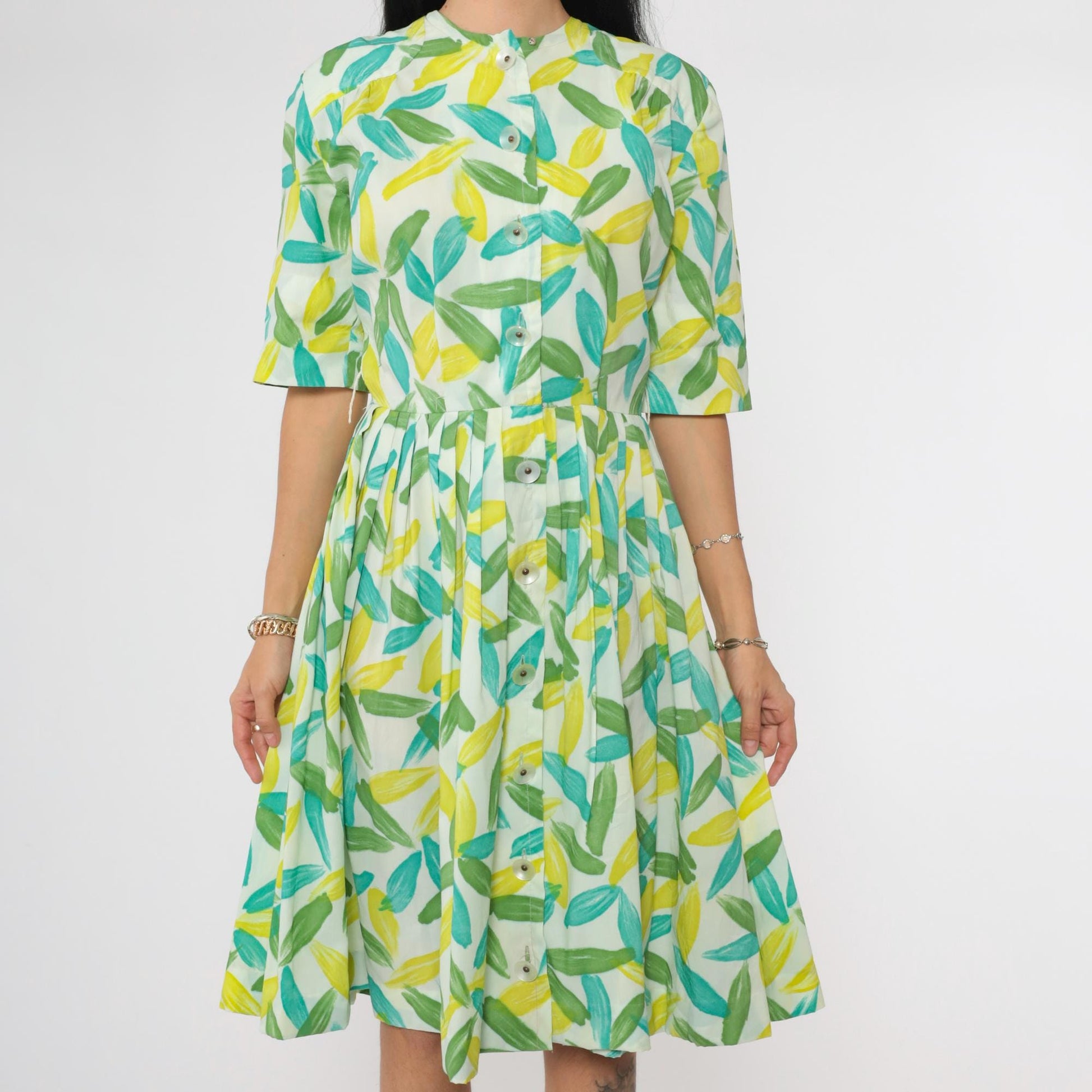 60s Westbury Fashions Shirt Dress Abstract Leaf Print Pleated Midi Blue Green Small