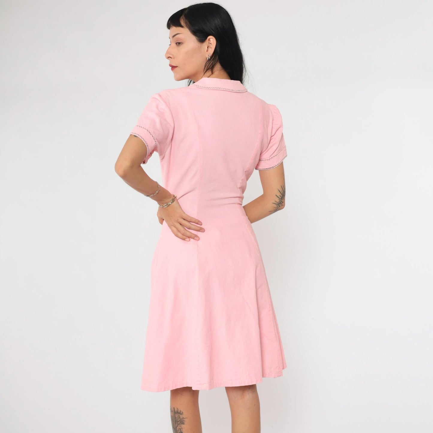 60s Pink Corduroy Mini Dress Peter Pan Collar A-Line Shift Pockets Medium