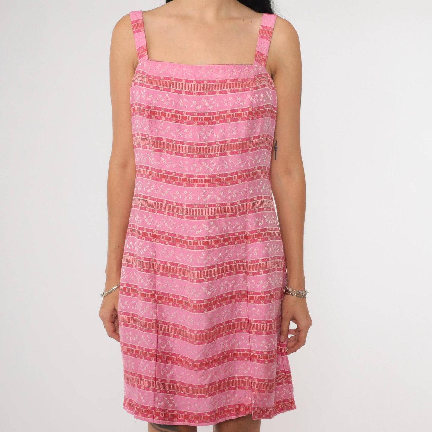 90s Pink Striped Floral Jacquard Mini Dress Square Neck Sleeveless Extra Small XS