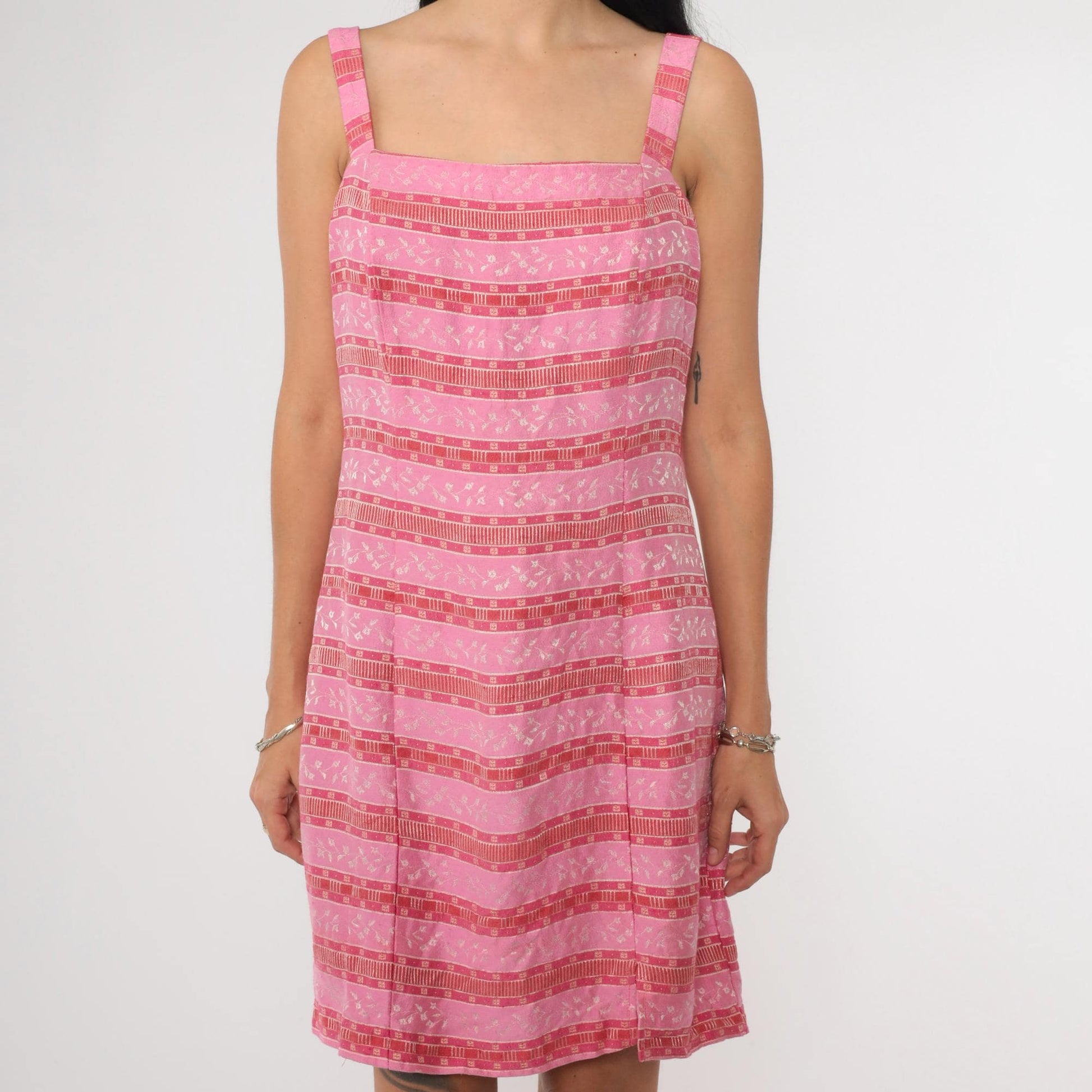 90s Pink Striped Floral Jacquard Mini Dress Square Neck Sleeveless Extra Small XS