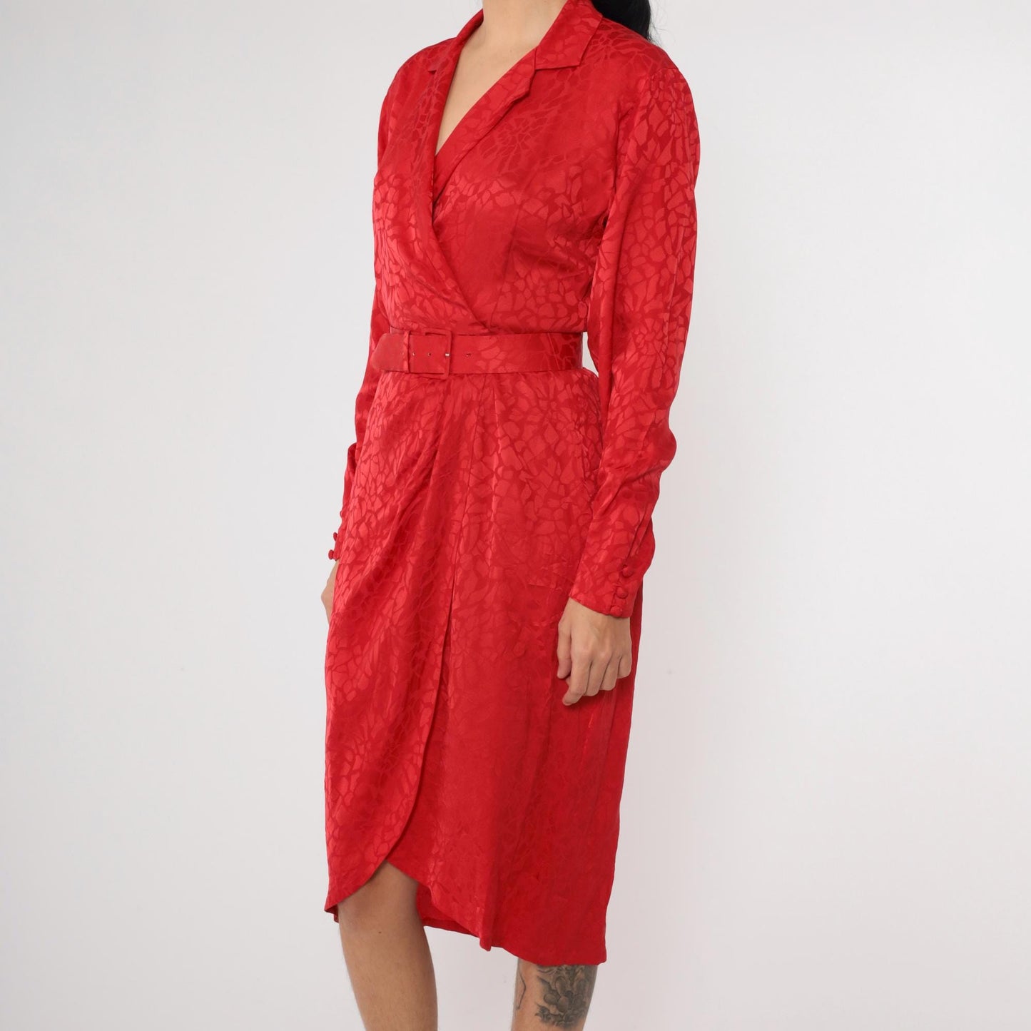 90s Liz Claiborne Red Silk Wrap Dress Embossed Mosaic V Neck Midi Extra Small XS