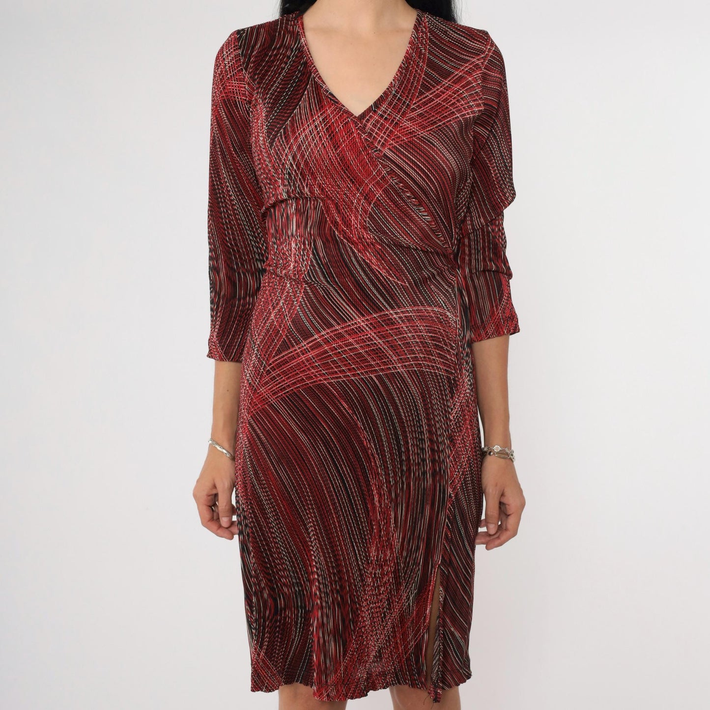 90s Teddi Dresses Striped Faux Wrap Minidress Red Black White V Neck Medium