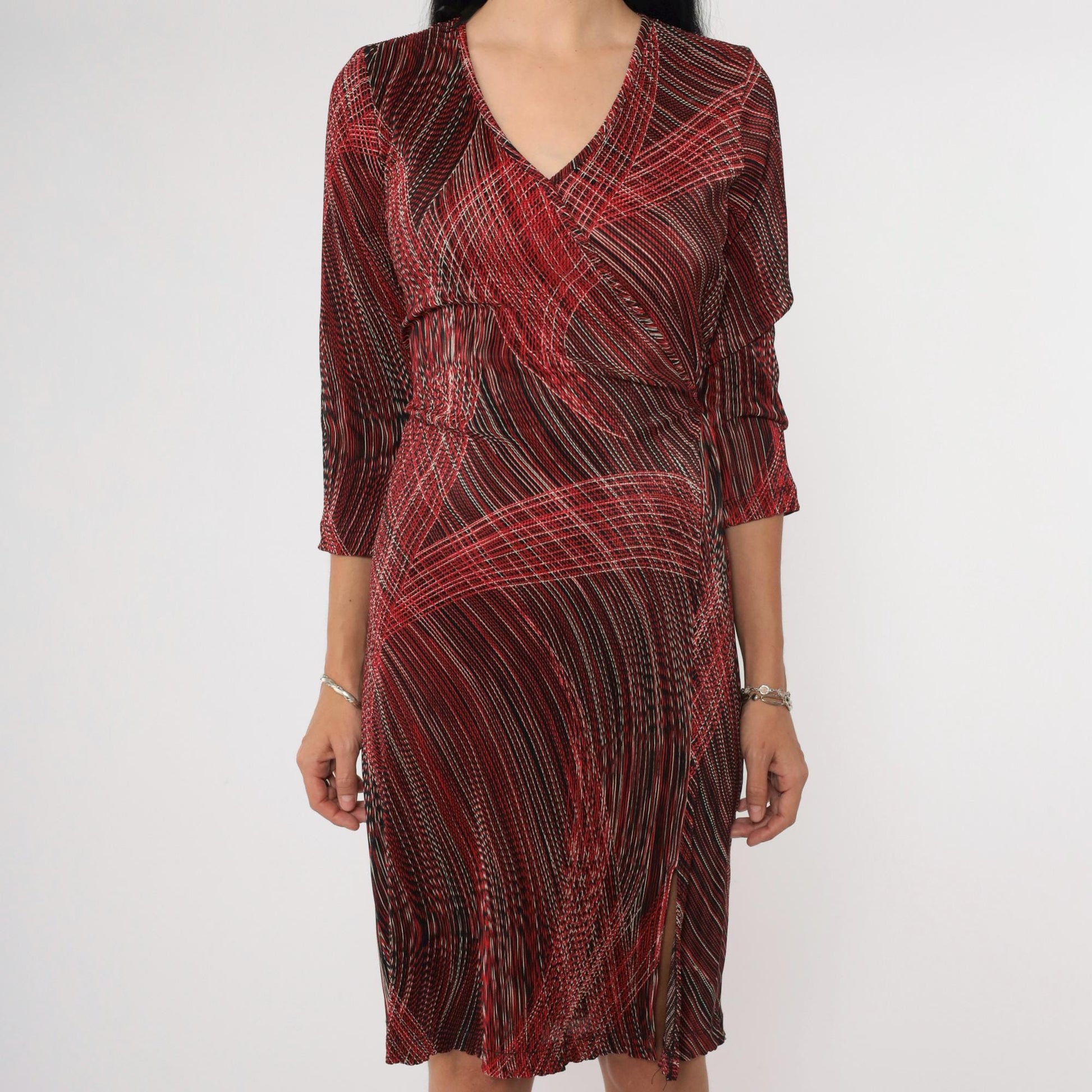 90s Teddi Dresses Striped Faux Wrap Minidress Red Black White V Neck Medium
