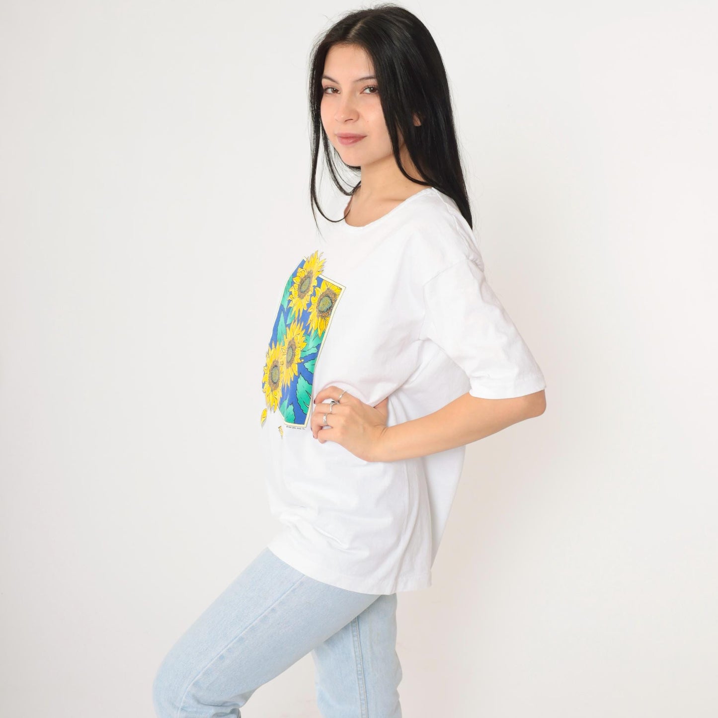 90s Anvil Sunflower Graphic T-Shirt White Cotton Large