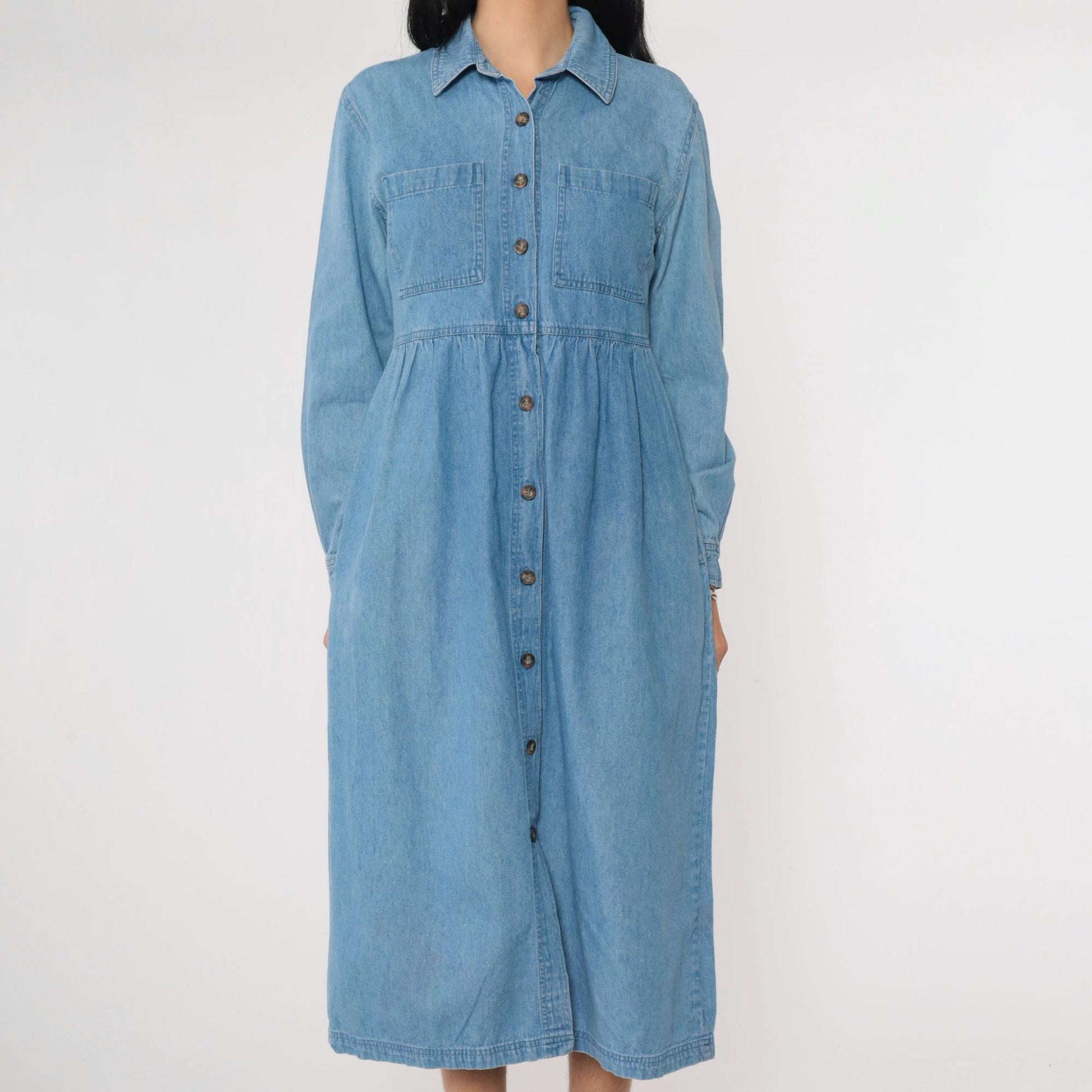 90s J.G. Hook Denim Midi Shirtdress Blue High-Waisted Button-Up Small Petite