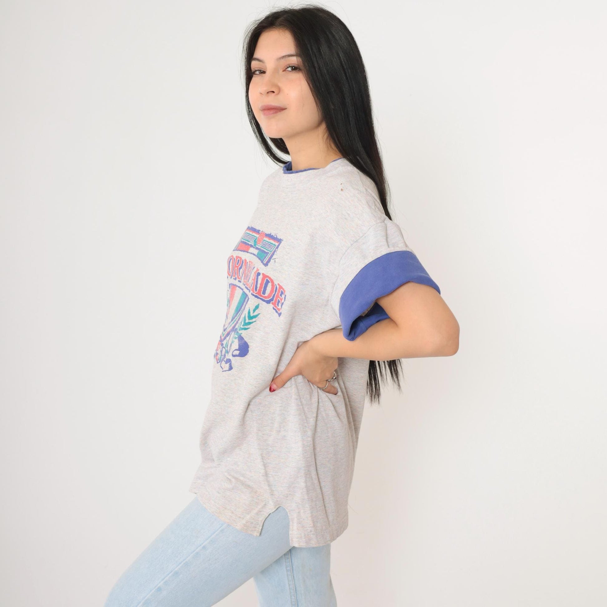 90s Thornblade Golf Club Crest Ringer Tee Heather Grey Blue Large L