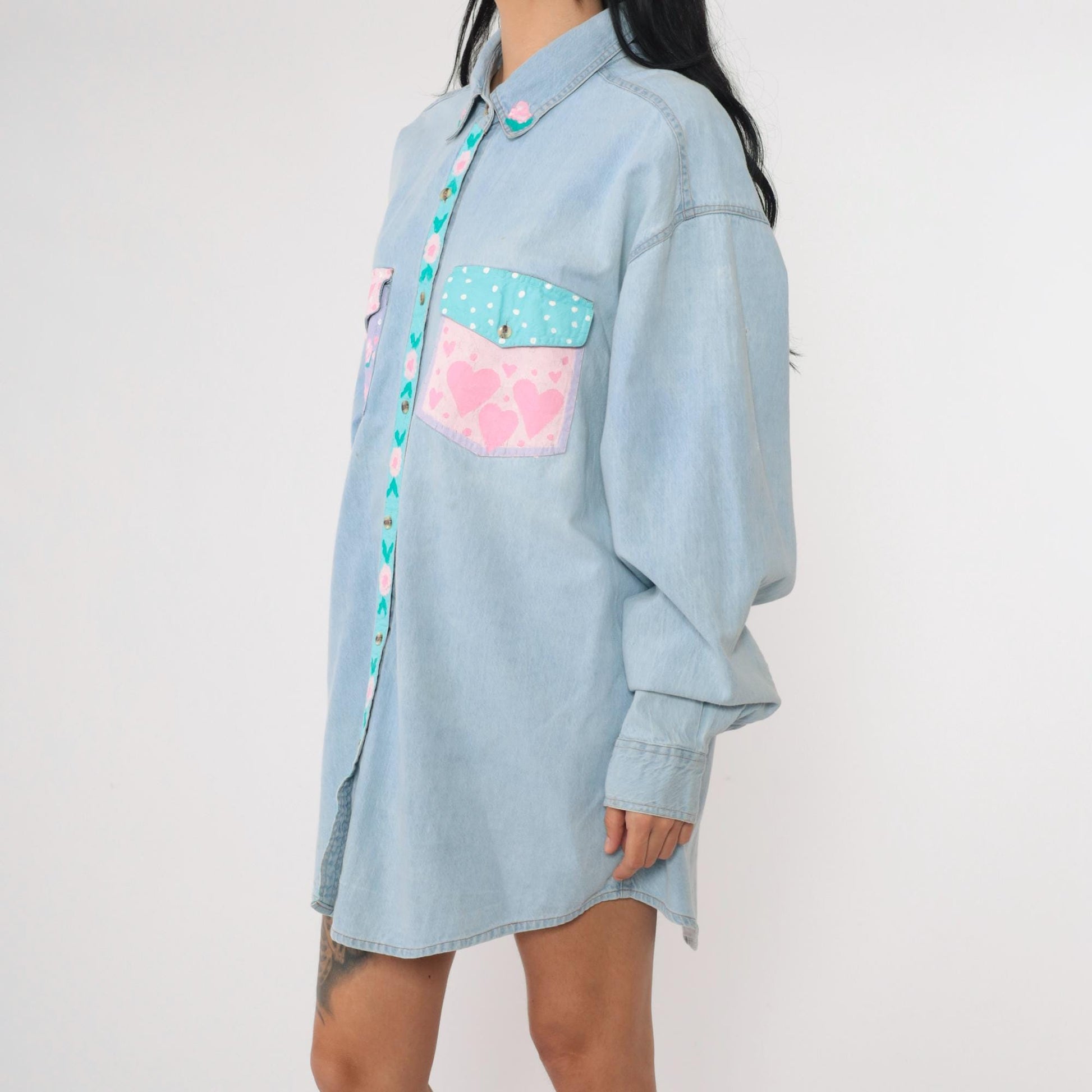 90s Hand Painted Floral Denim Button Up Shirt Blue Plus Size XXL