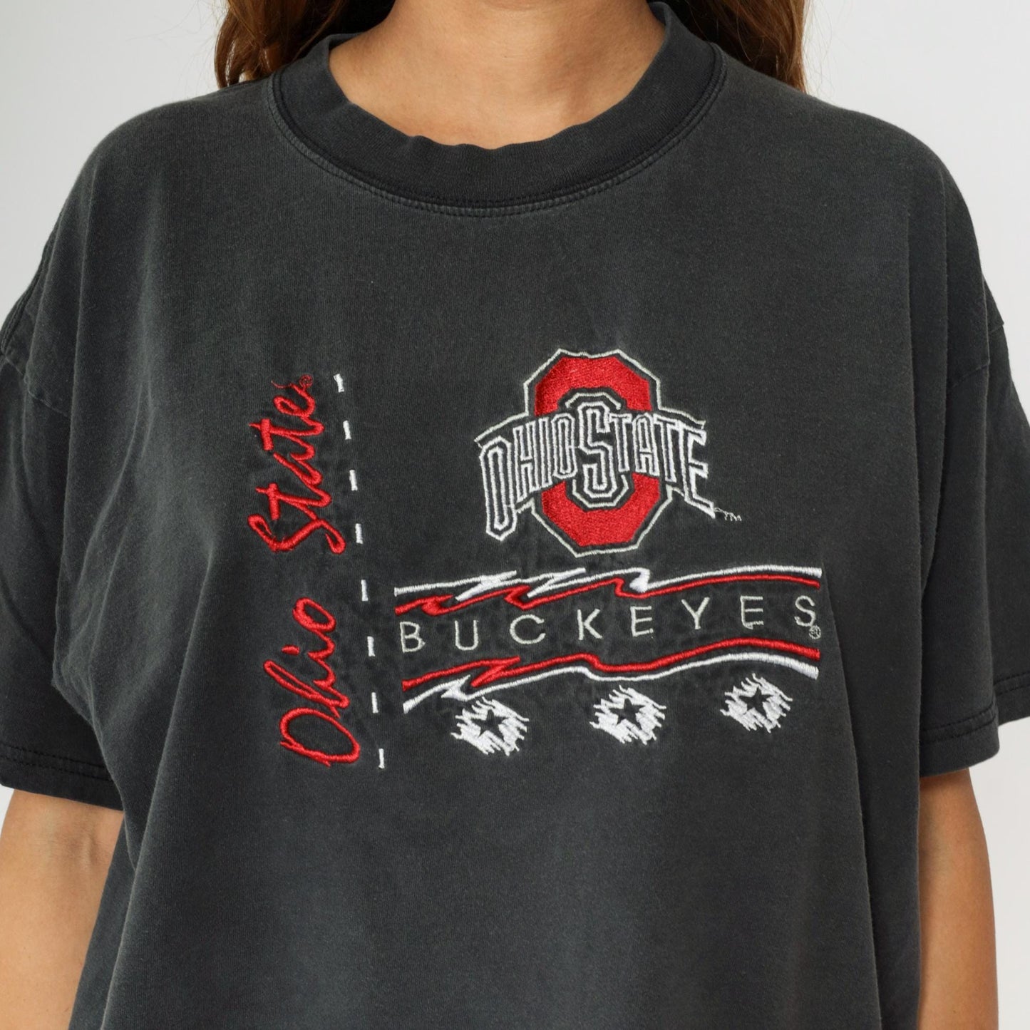 90s Ohio State Buckeyes Embroidered T-Shirt Faded Black Cotton Extra Large XL