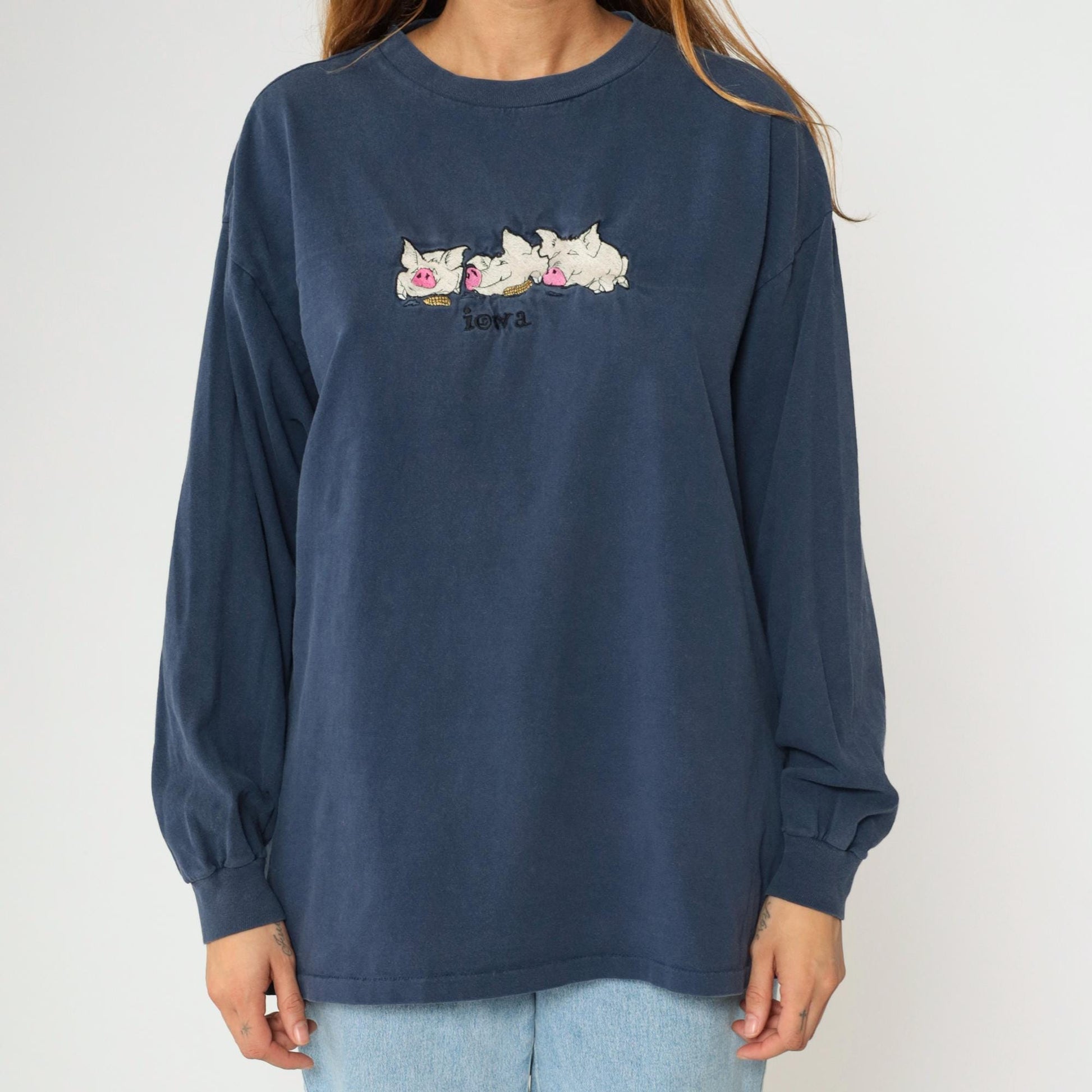 90s Iowa Pig Corn Embroidered Long Sleeve T Shirt Navy Blue Extra Large XL