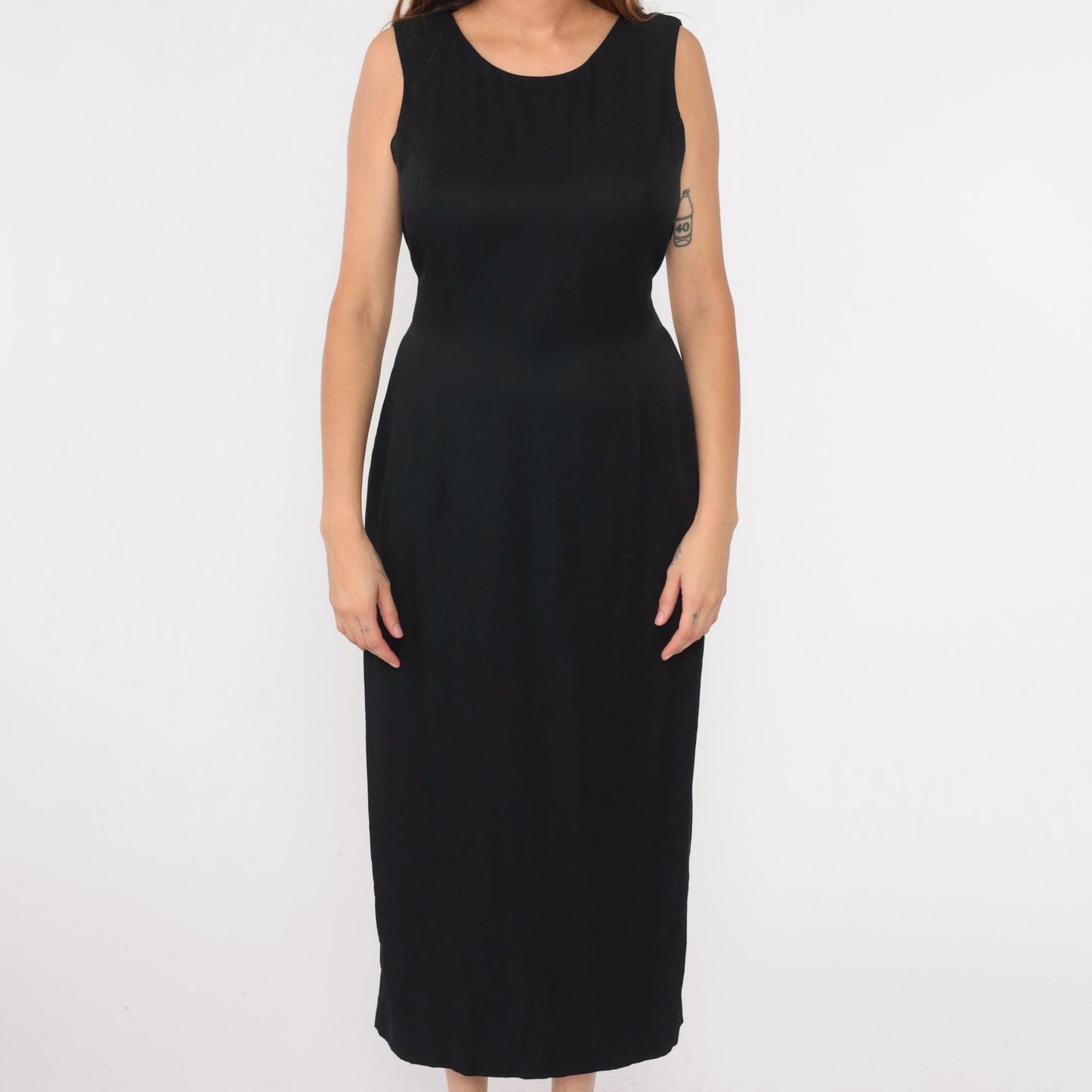 90s Black Sheath Dress White Bow Back Sleeveless Scoop Neck Maxi Medium