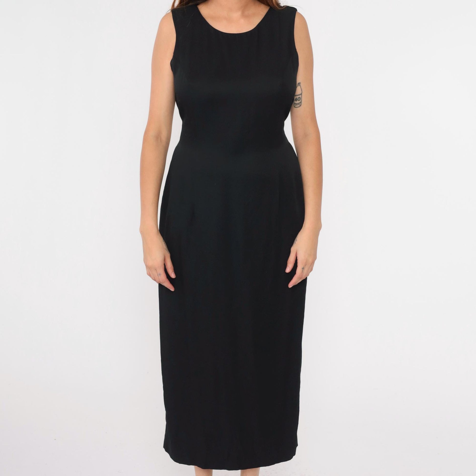 90s Black Sheath Dress White Bow Back Sleeveless Scoop Neck Maxi Medium