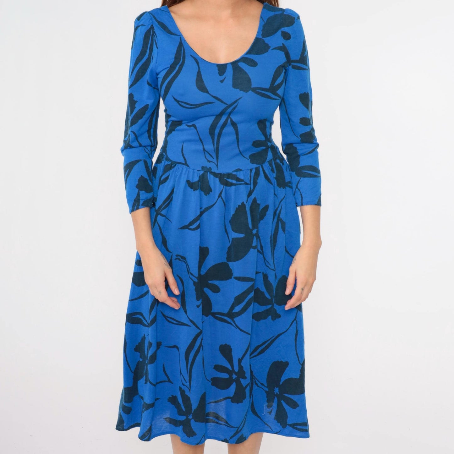 80s Blue Floral Midi Dress Puff Sleeve Fit and Flare Low Waist Small