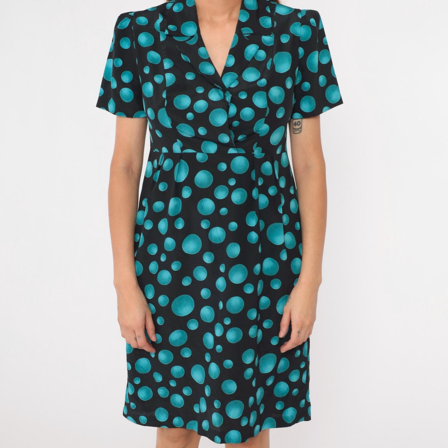 90s Black Teal Polka Dot Midi Dress Puff Sleeve High Waist Medium