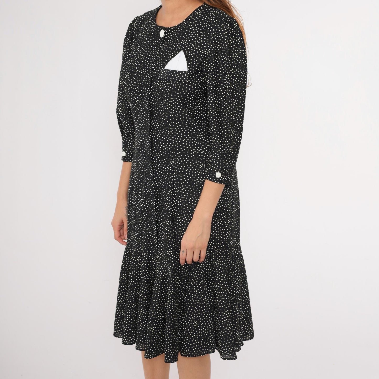 80s Black White Polka Dot Midi Dress Puff Sleeve Shift Ruffle Hem Medium